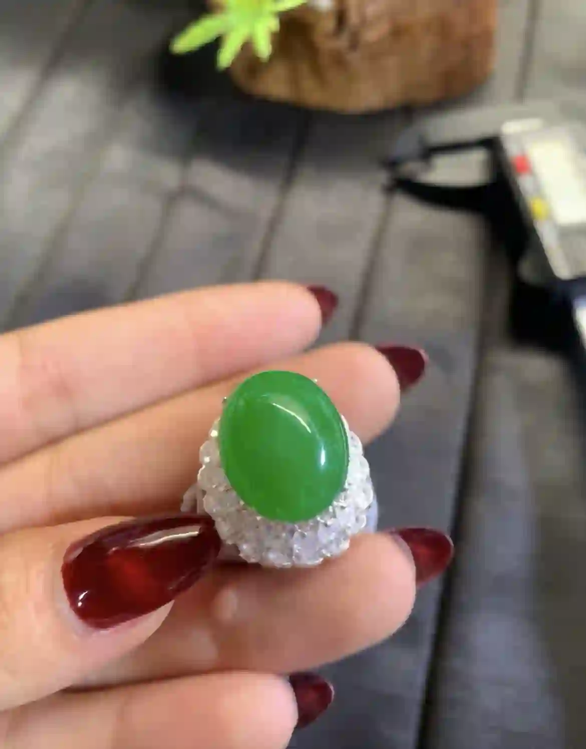 Rich Green Jade Cabochon Ring, view 2 | Myanmar Jadeite reference #2790005