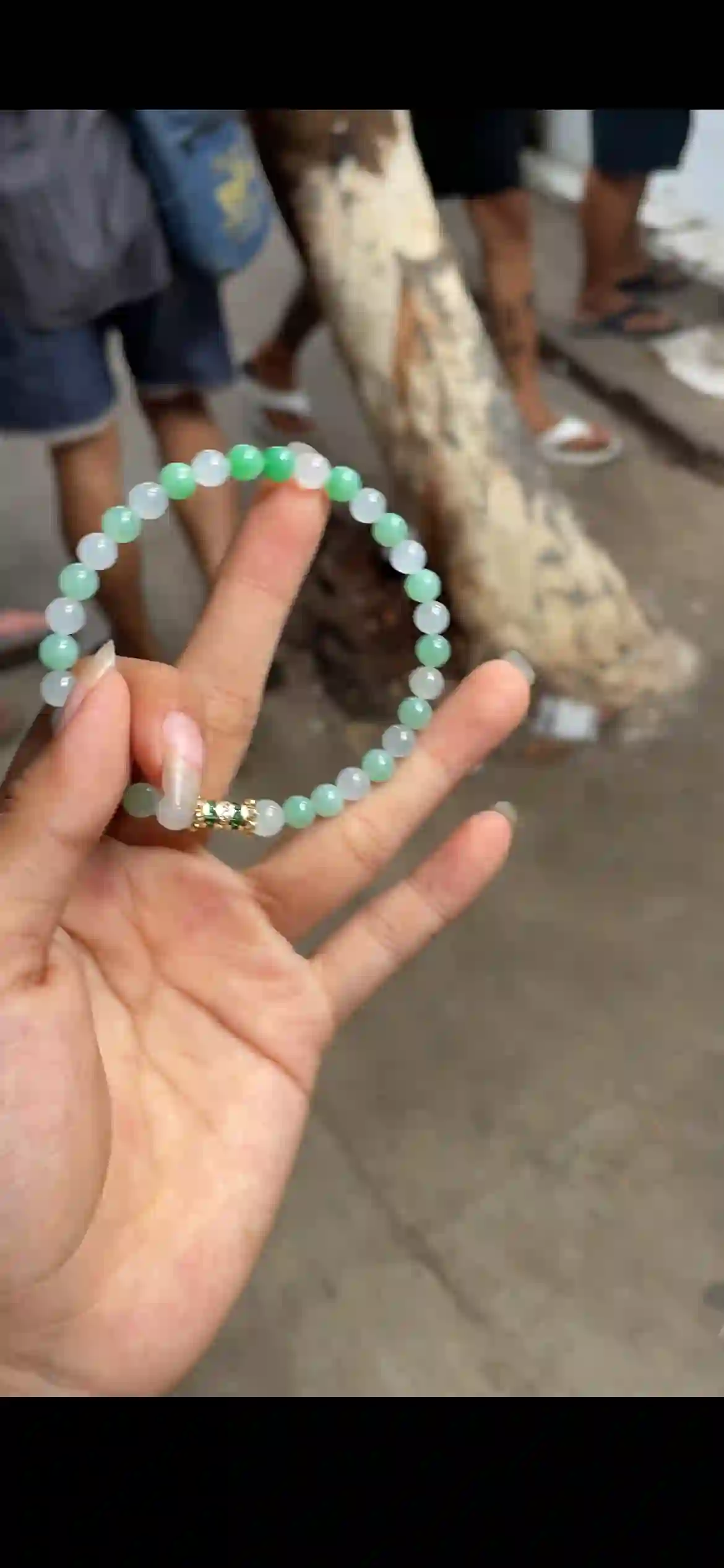 Soft White & Green Gradient Jadeite Bracelet with Gold‑Tone Accent, view 2 | Myanmar Jadeite reference #26970001