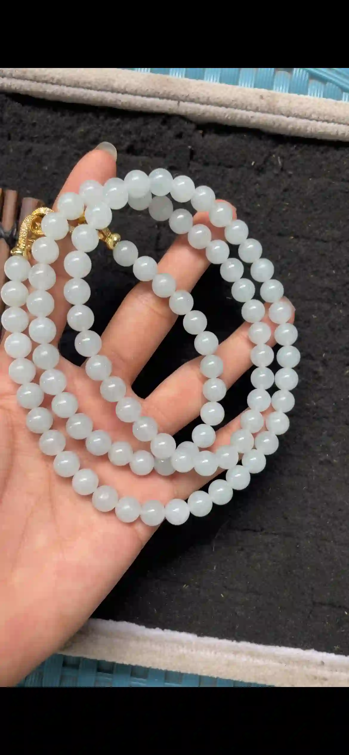 Icy Translucent Pale White Jade Bead Necklace, Fine Round Beaded Chain with Gold Clasp | Myanmar Jadeite reference #4920001