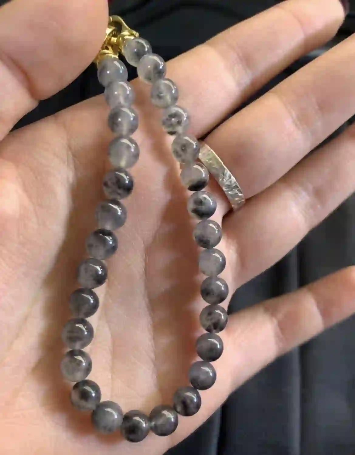 Natural Black & White Icy Jadeite Beaded Bracelet with Gold Plated Clasp, view 2 | Myanmar Jadeite reference #3360001