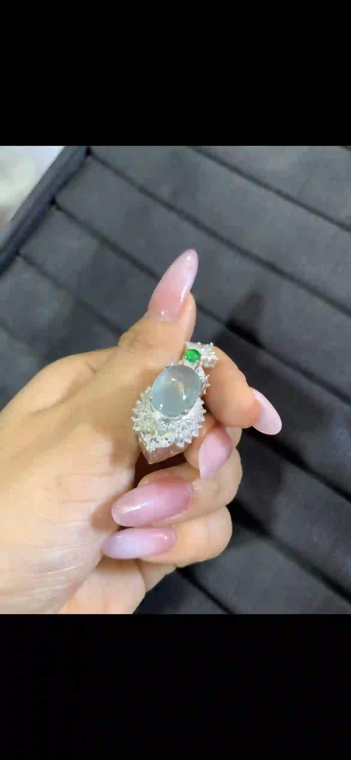  High-Icy Translucent Jadeite Pendant with Diamond Halo Accent, view 2 | Myanmar Jadeite reference #6990001