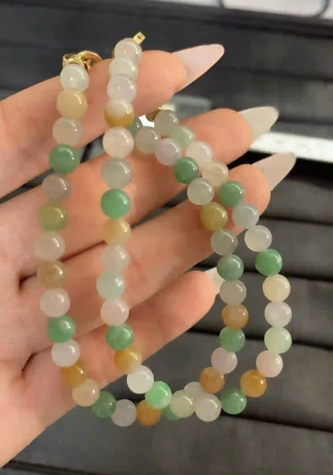 Colorful Multi-hue Jadeite Beaded Long Necklace with Gold-tone Clasp, view 2 | Myanmar Jadeite reference #1230011