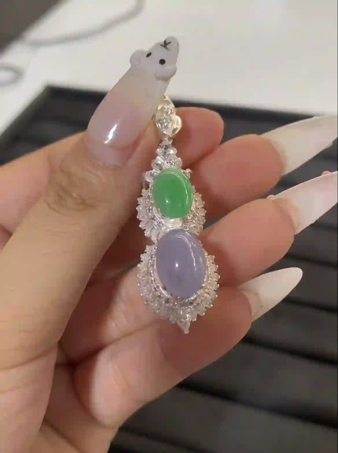 Luxury Jade & Diamond Pendant in Sterling Silver, view 2 | Myanmar Jadeite reference #1680003