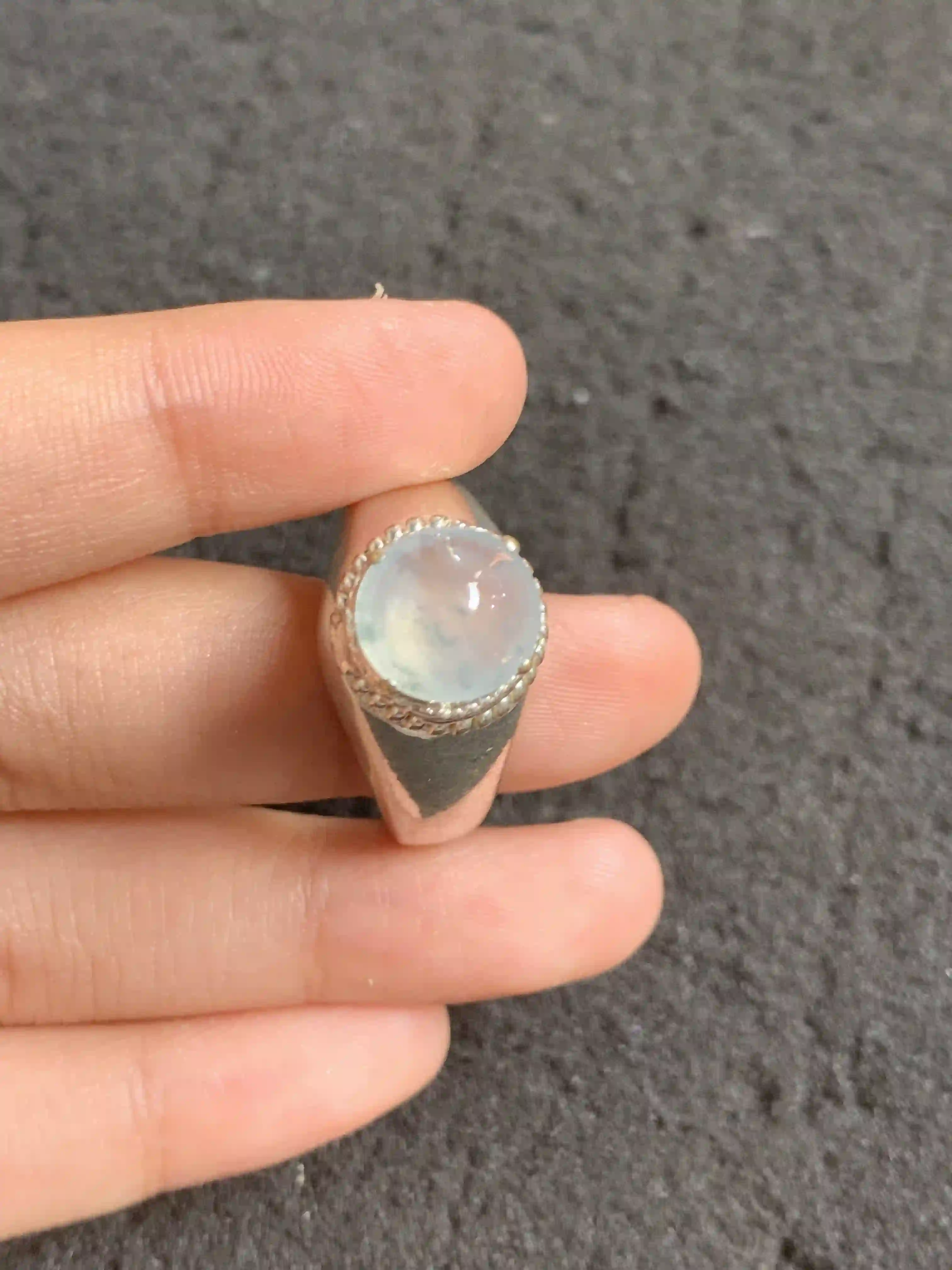 Translucent Jadeite Cabochon Ring with Textured Metal Band | Myanmar Jadeite reference #1230007