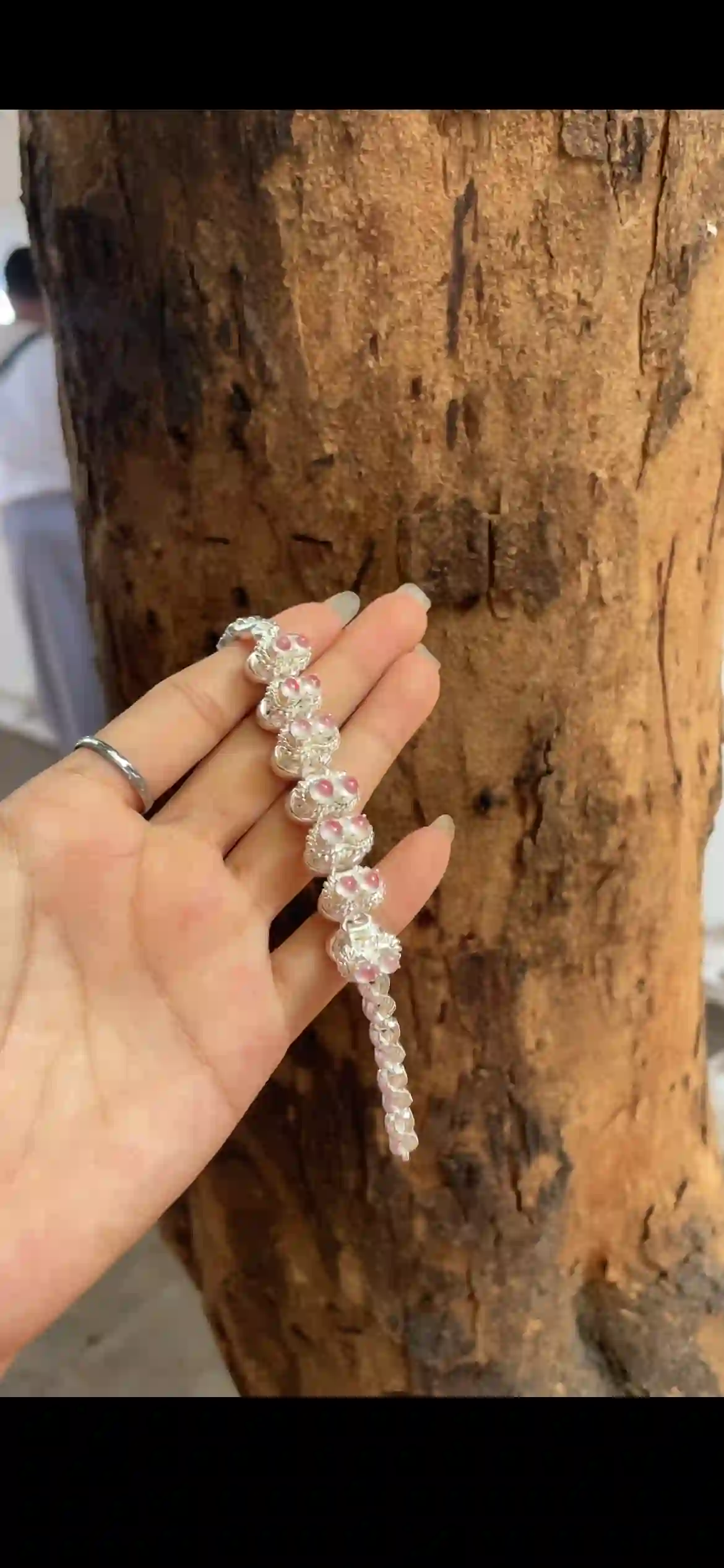 Silver-Tone Pink Moonstone Cabochon Statement Bracelet — Ornate Vintage Design | Myanmar Jadeite reference #29490001
