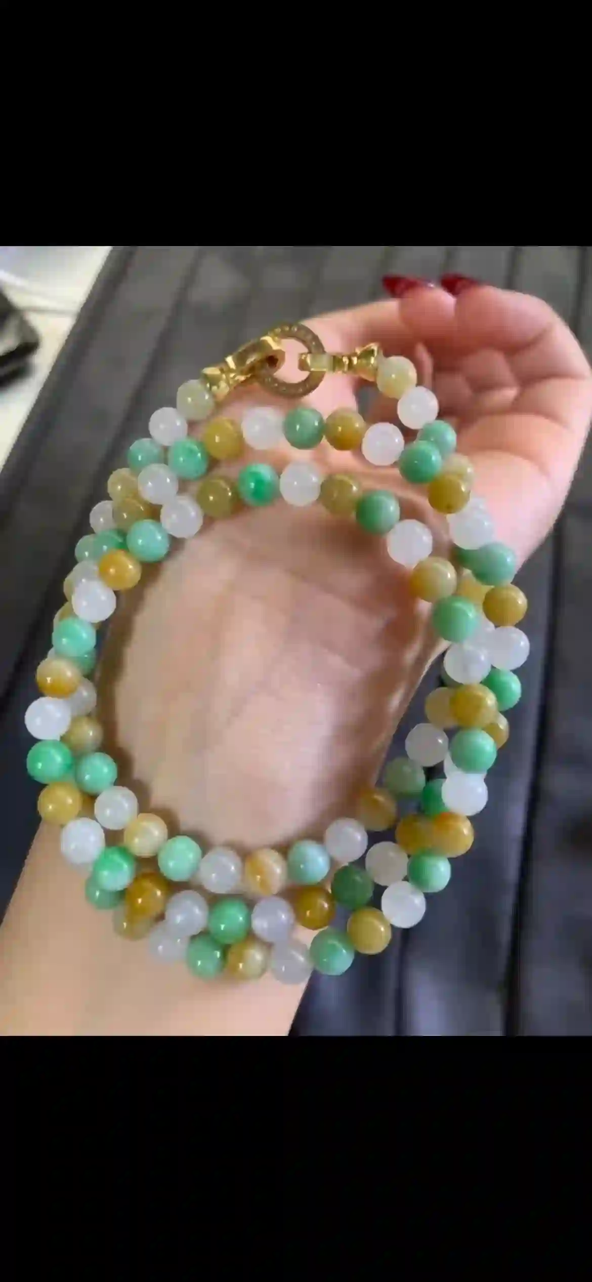  Multicolor Icy Jadeite Beaded Multi-Strand Bracelet with Gold Clasp | Myanmar Jadeite reference #4620001