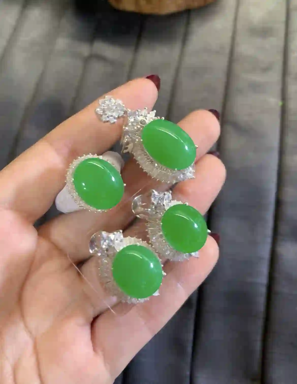 Vivid Green Jade Cabochon Jewelry Set, view 2 | Myanmar Jadeite reference #2790006