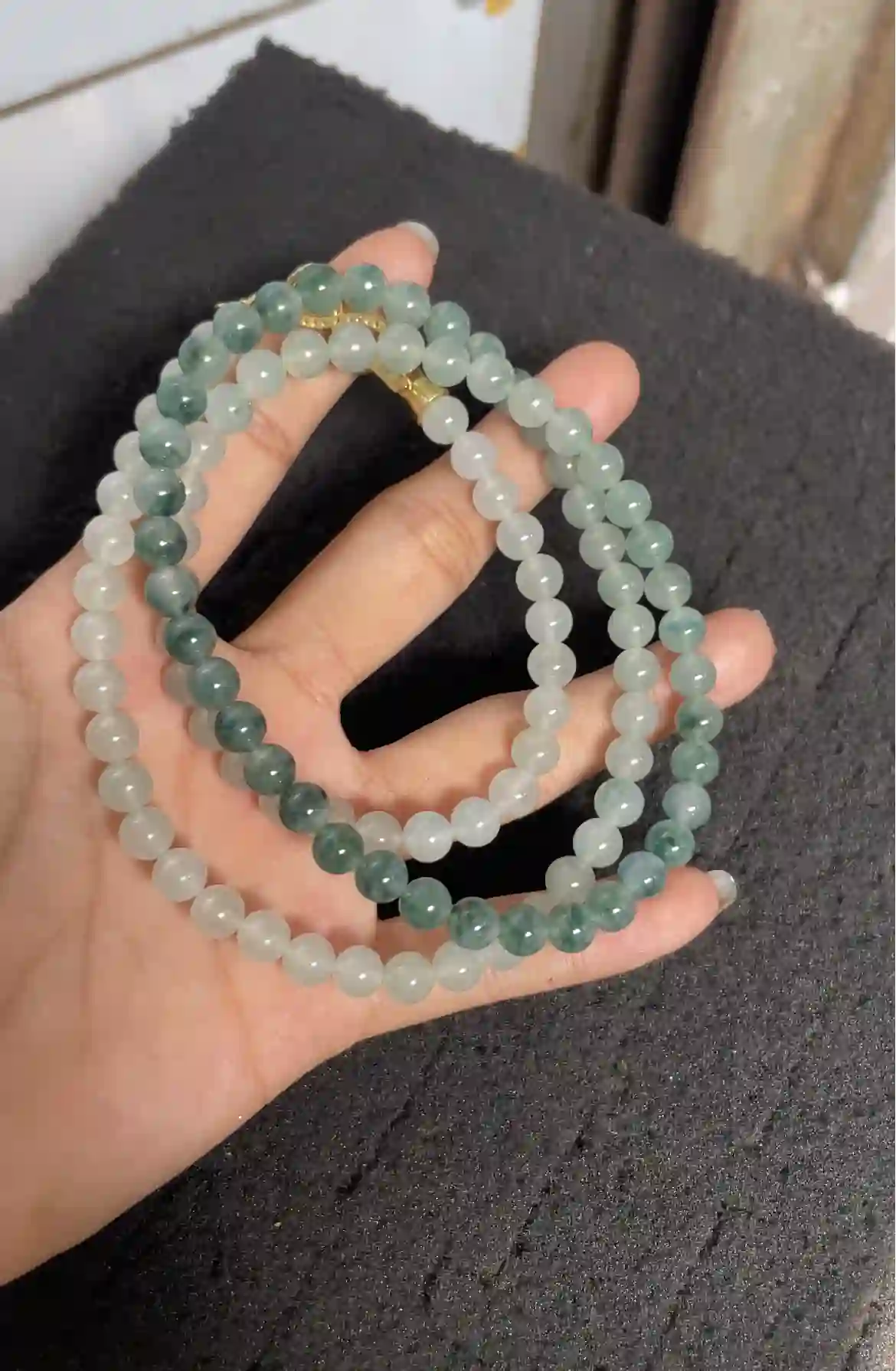 Icy Translucent Floating Flower Jadeite Long Beaded Necklace with Gold Plated Clasp | Myanmar Jadeite reference #3420002
