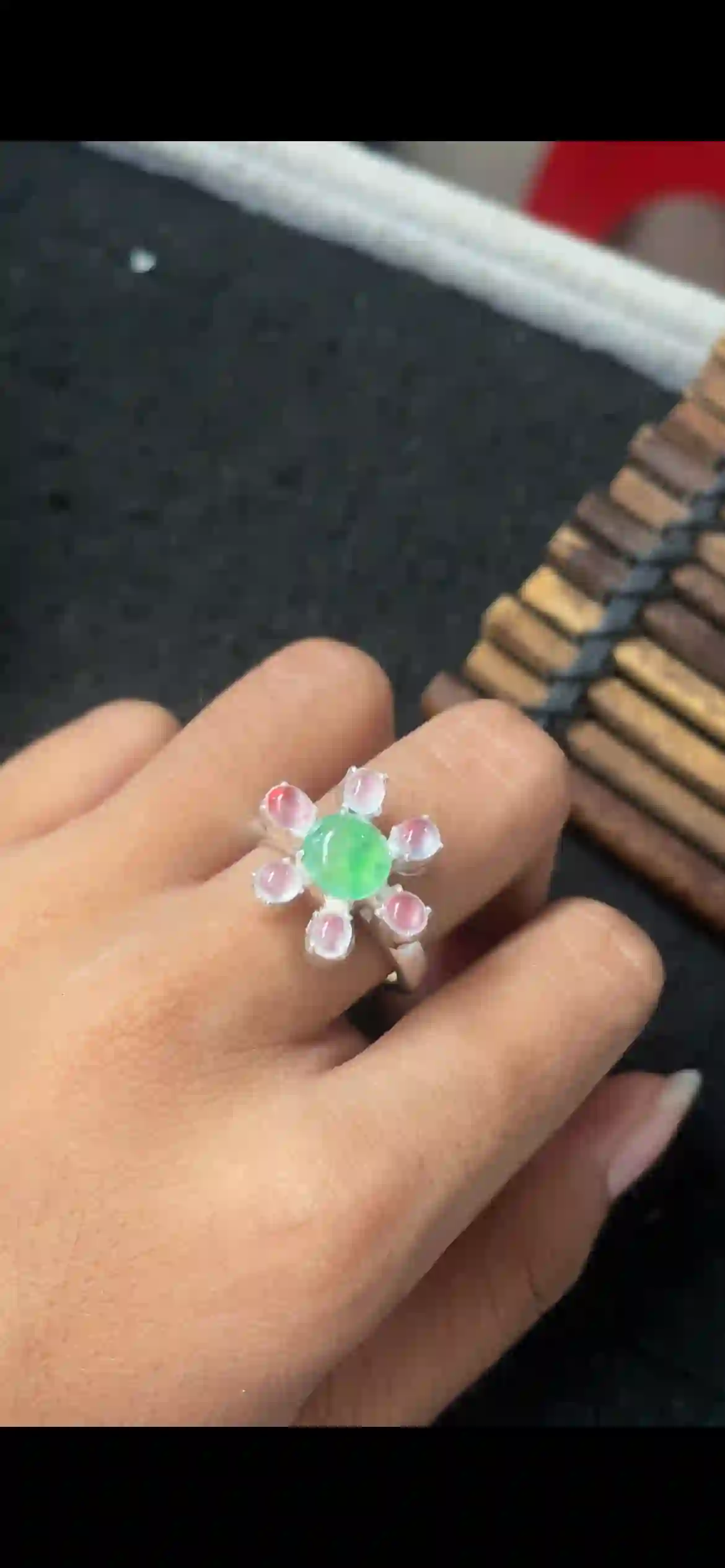 Floral Design Jade Ring with Icy Green Center & Pink-White Accents, Sterling Silver Setting, view 2 | Myanmar Jadeite reference #5730001