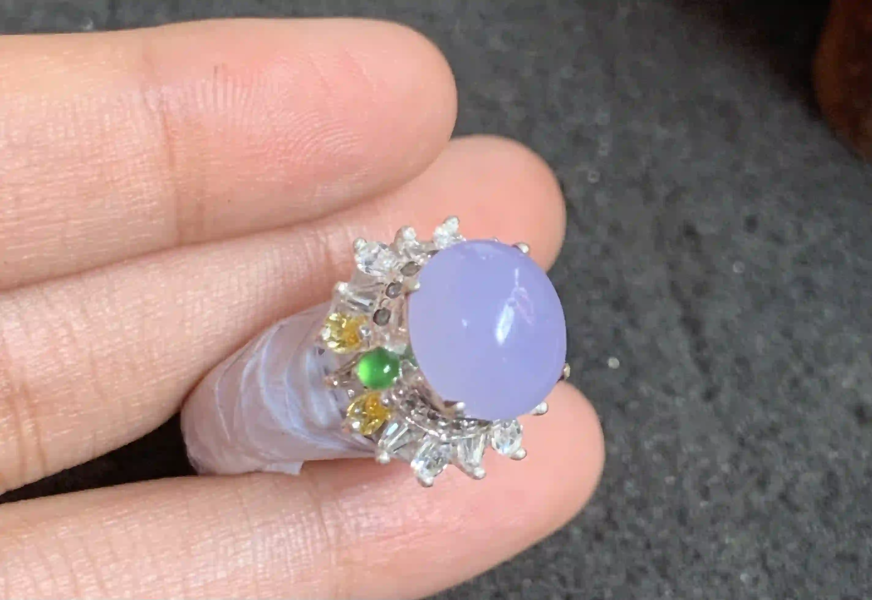 Lavender Jade Cabochon Ring with Green & Golden Accent Stones | Myanmar Jadeite reference #120007
