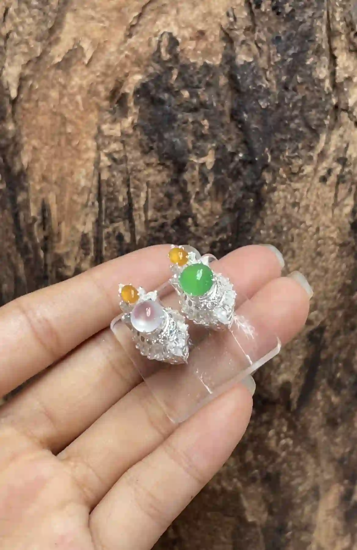   Multicolor Icy Jadeite Stud Earrings with Diamond Halo Setting, view 2 | Myanmar Jadeite reference #3900002