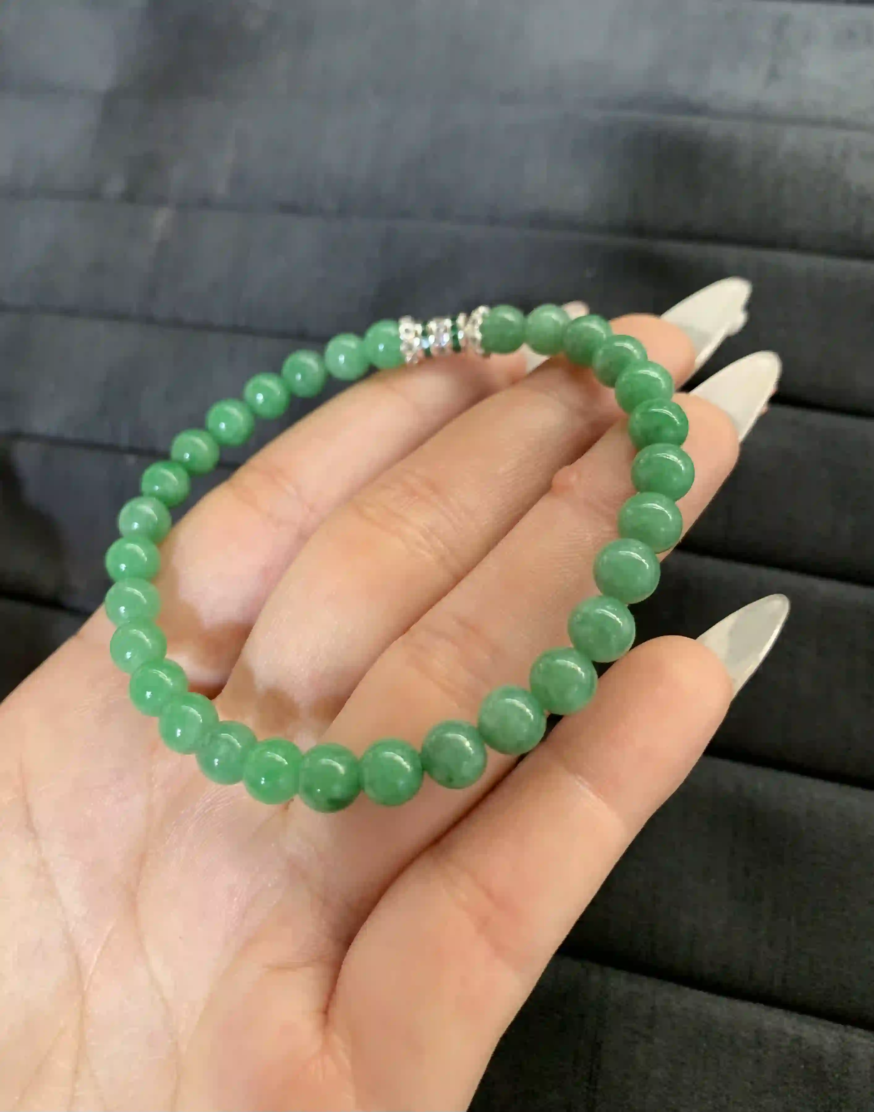 Green Jade Beaded Bracelet with Crystal Accent, view 2 | Myanmar Jadeite reference #1560004
