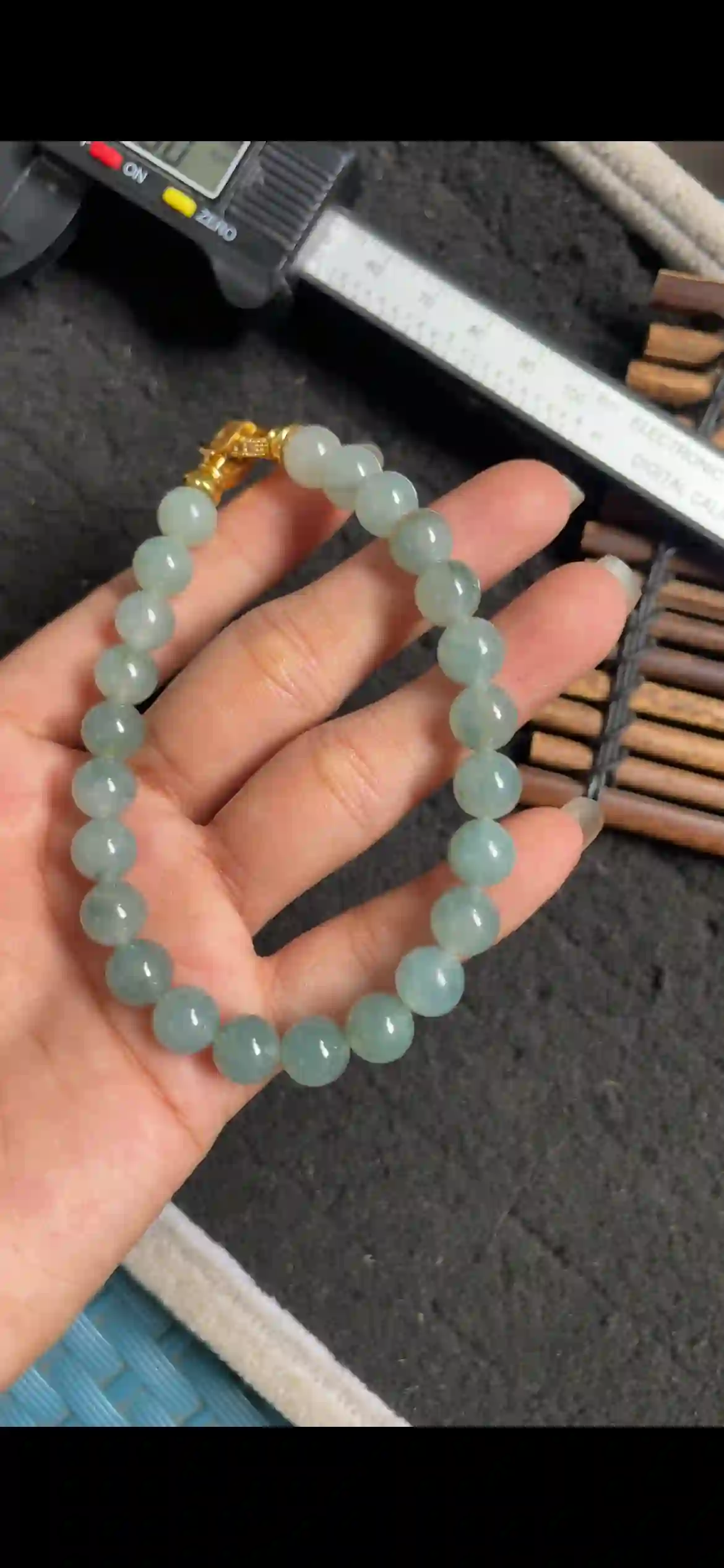  Icy Translucent Blue-Green Jade Bead Bracelet with Gold Decorative Clasp | Myanmar Jadeite reference #4980001