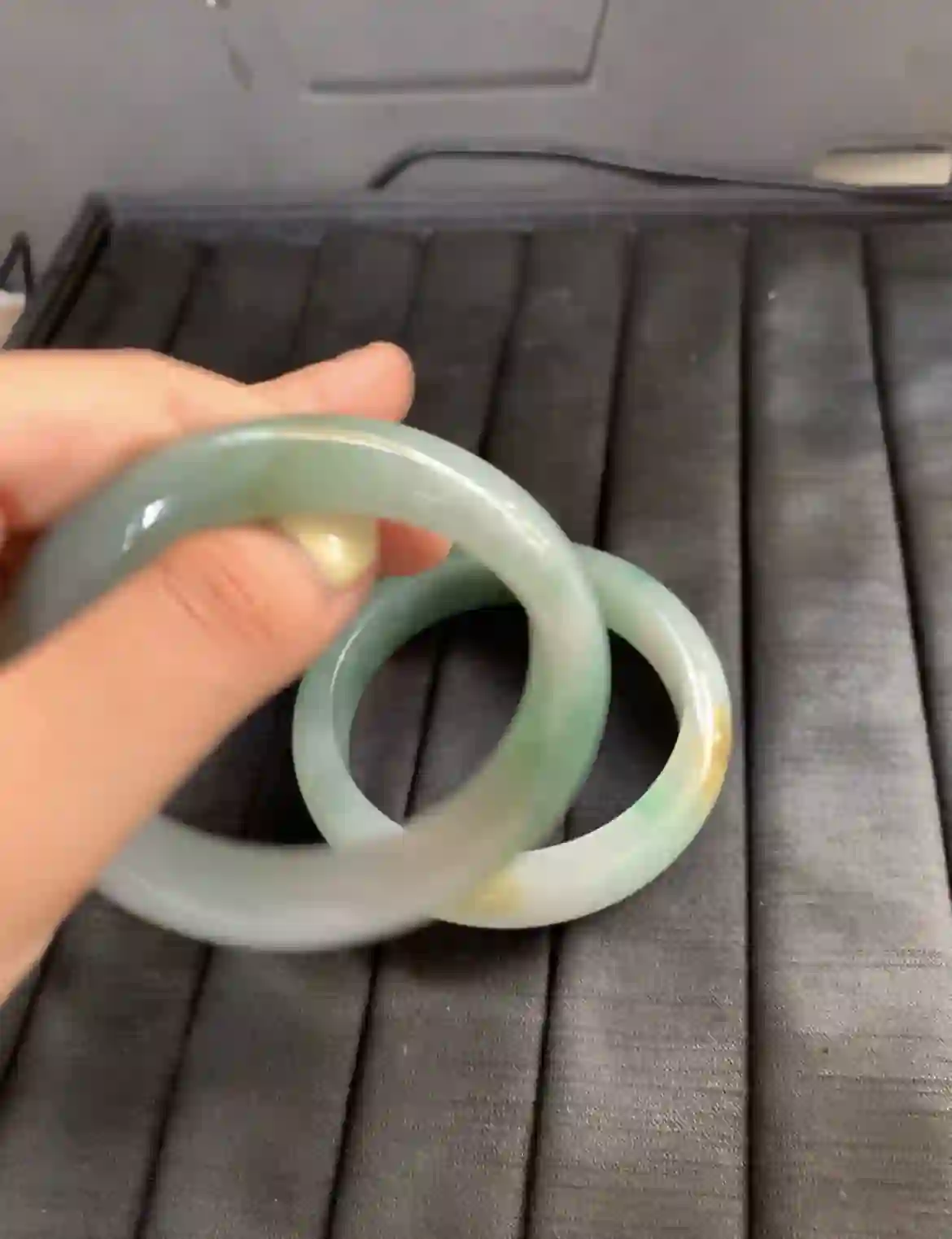 Natural Icy Green Jade Bangle Pair with Yellow Accents | Myanmar Jadeite reference #2610007