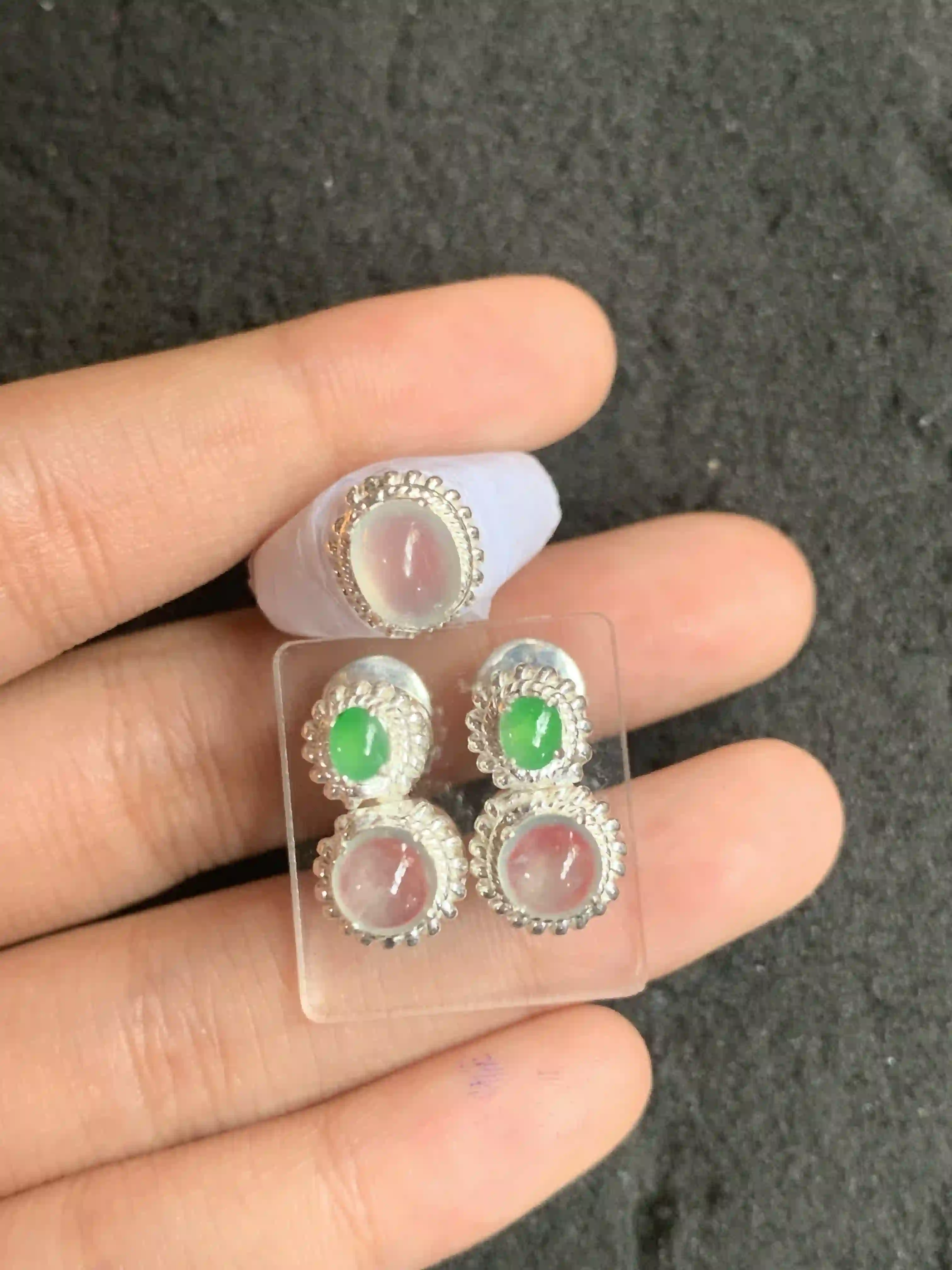  Elegant Gemstone Jewelry Set - Ring and Stud Earrings | Myanmar Jadeite reference #1530006