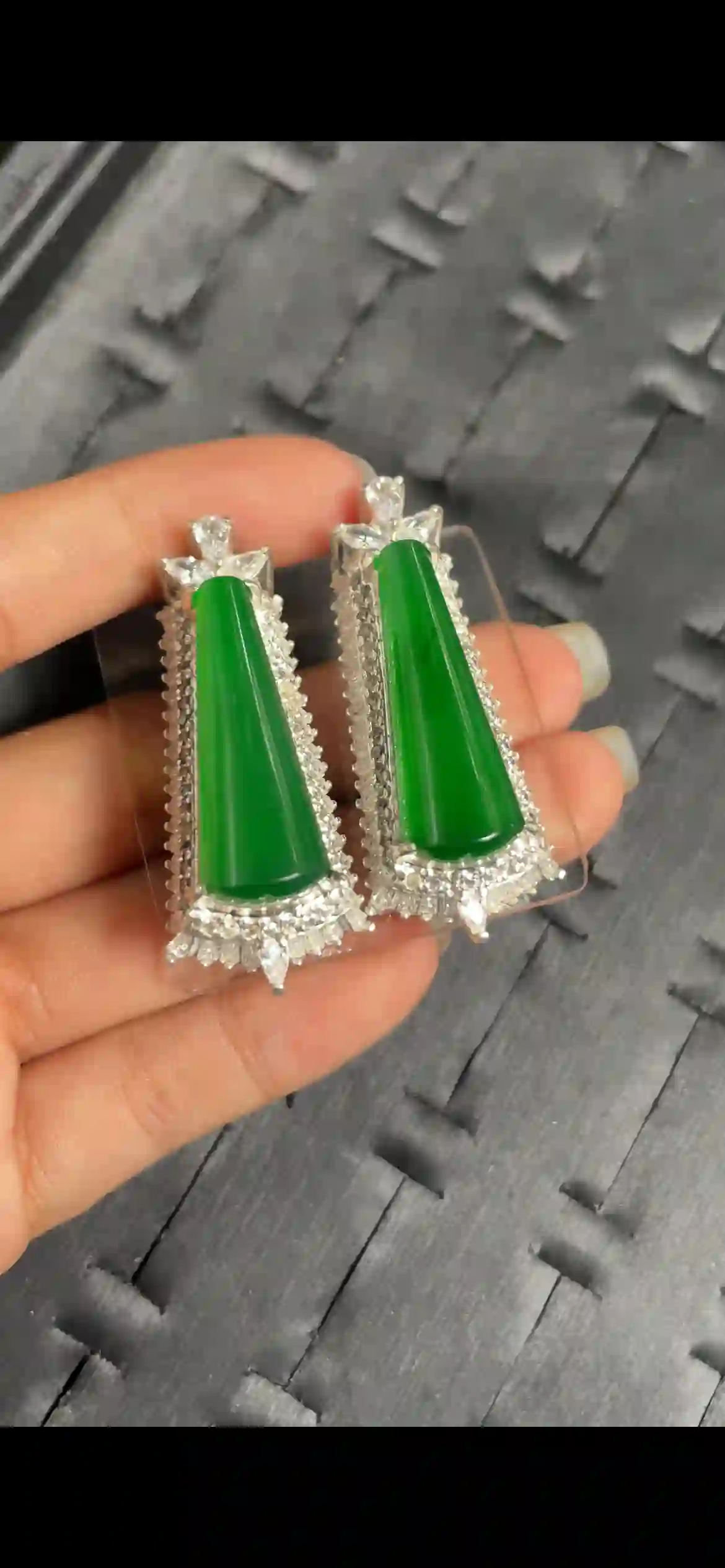 Vibrant Imperial‑Green Jadeite Tapered Drop Earrings with Diamond Halo Setting | Myanmar Jadeite reference #9720002