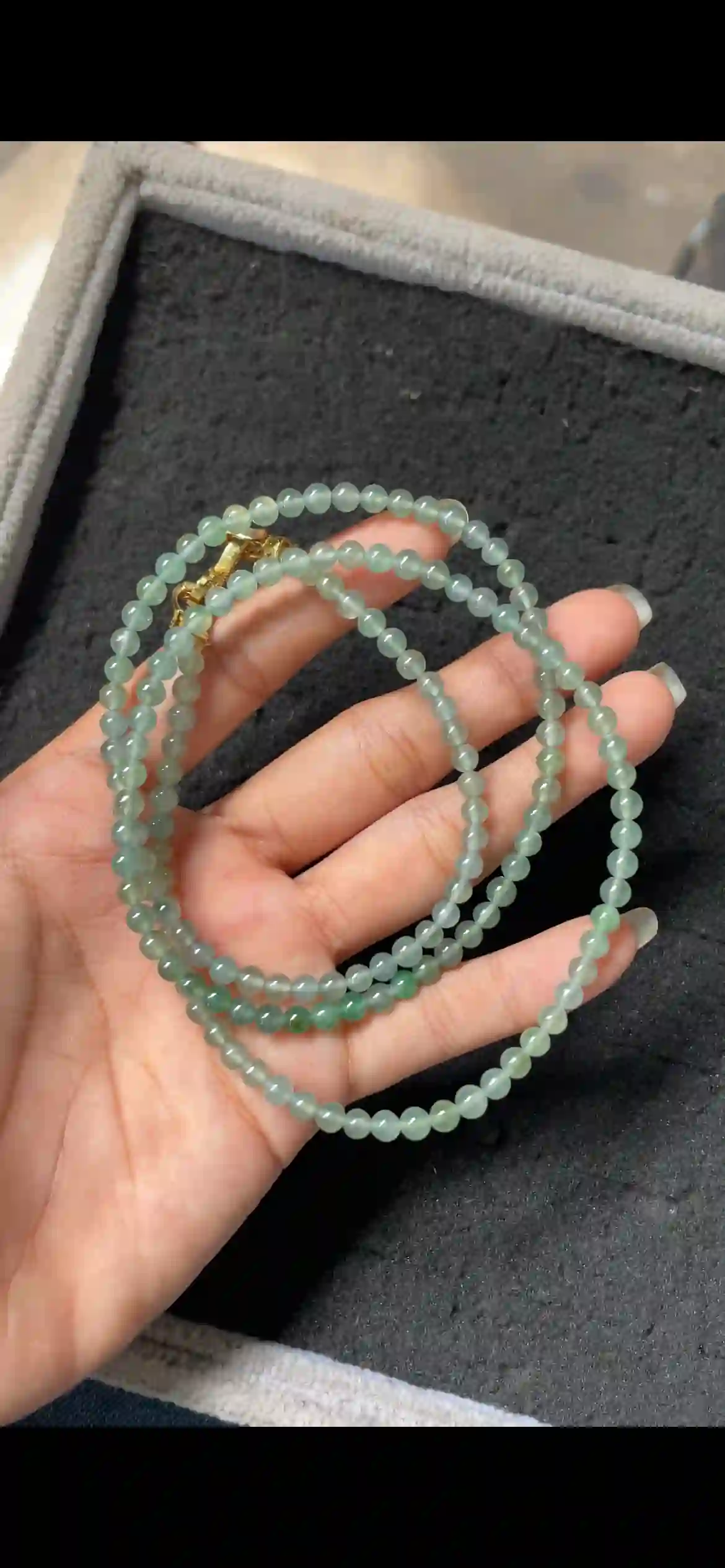 Natural Icy Light Green Jadeite Bead Necklace with Gold Clasp, view 2 | Myanmar Jadeite reference #6690002