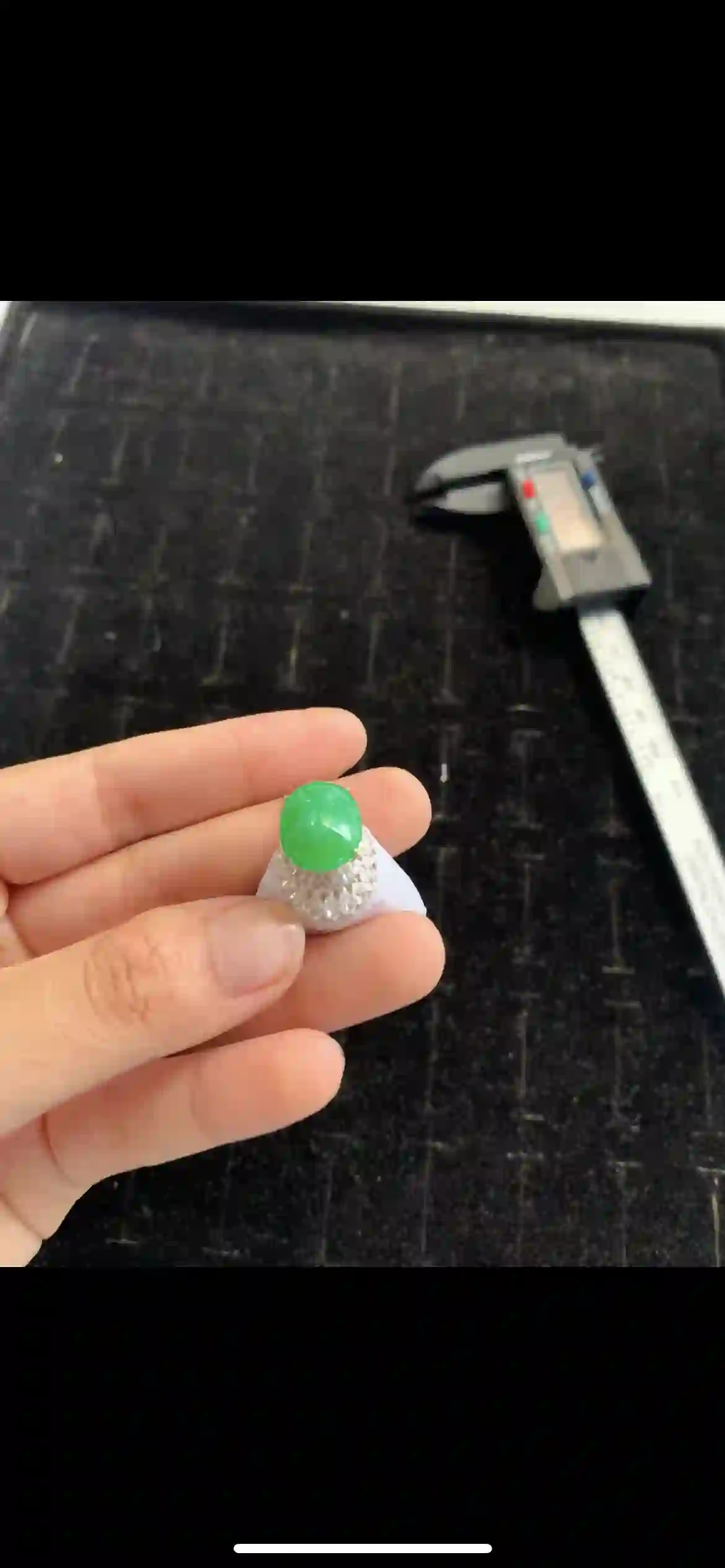 Vibrant Emerald Green Jadeite Cabochon Ring with Diamond Halo Setting | Myanmar Jadeite reference #20190001