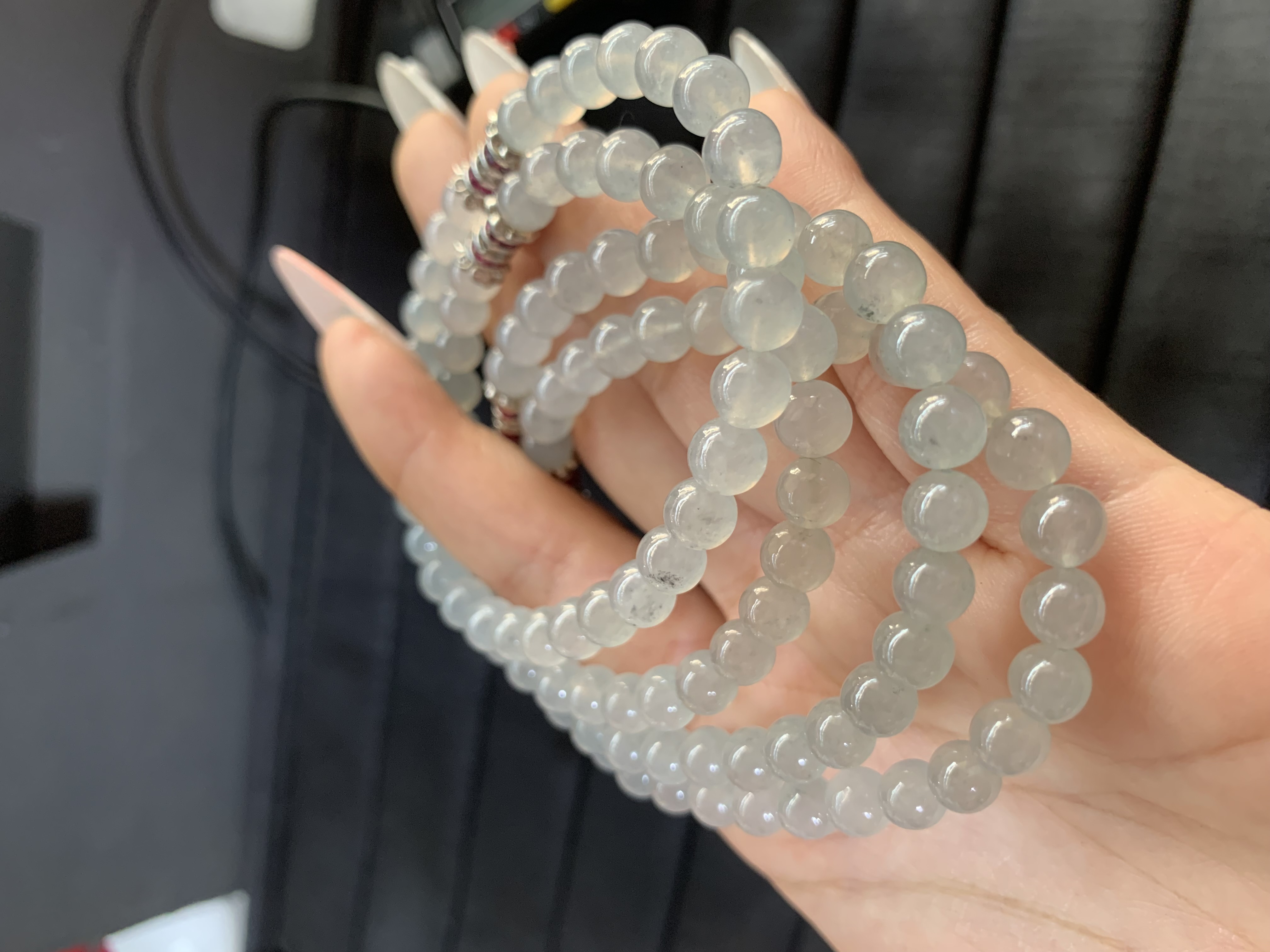 Set of Translucent Grayish-White Beaded Bracelets with Accent Clasps - Burmese Jadeite from Myanmar