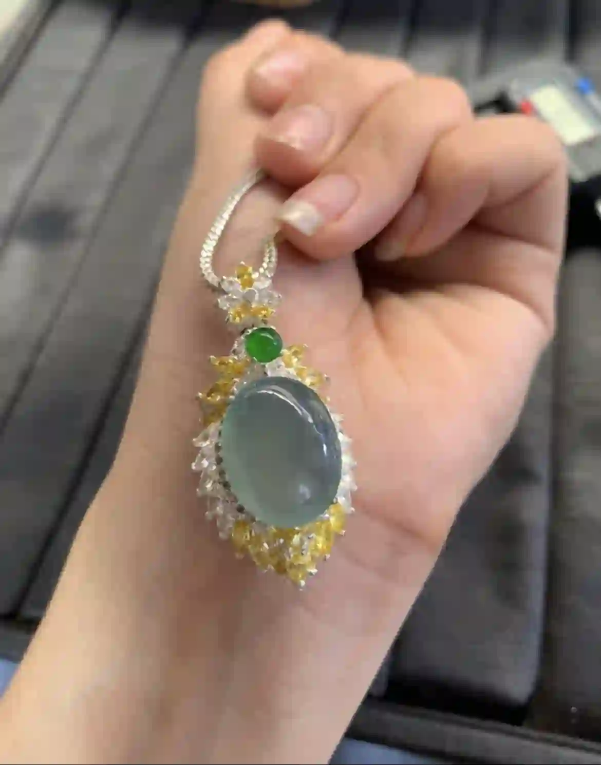   Natural Icy Blue Water Jadeite Pendant with Gemstone Accents | Myanmar Jadeite reference #2400002