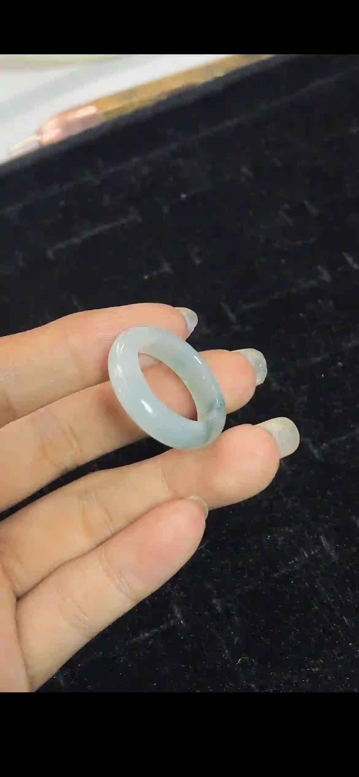 Icy Pale Celadon Jade Band Ring with Floating Green Inclusions | Myanmar Jadeite reference #31410001