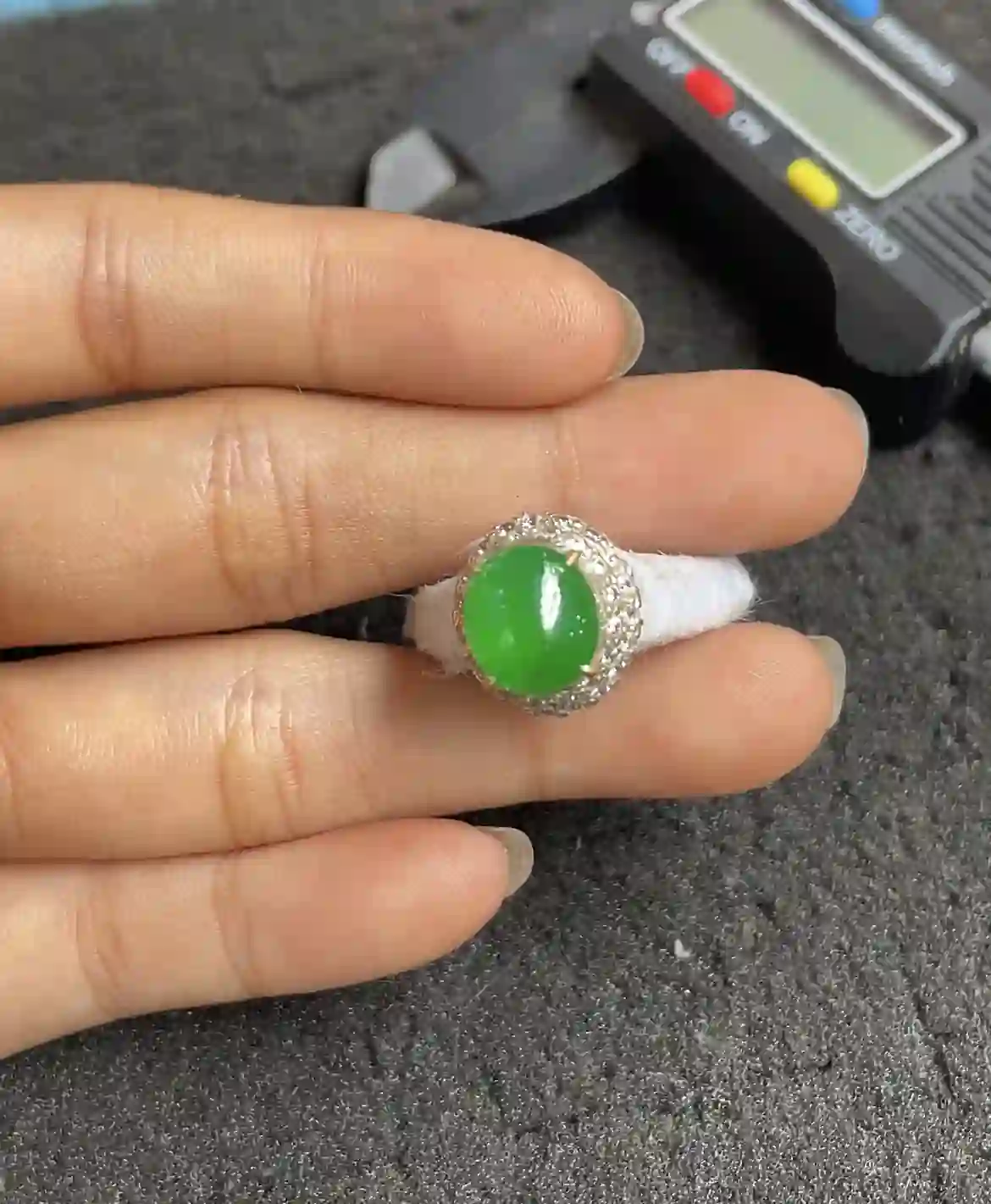 Natural Vivid Green Jade Ring with Diamond Halo, view 2 | Myanmar Jadeite reference #2490007