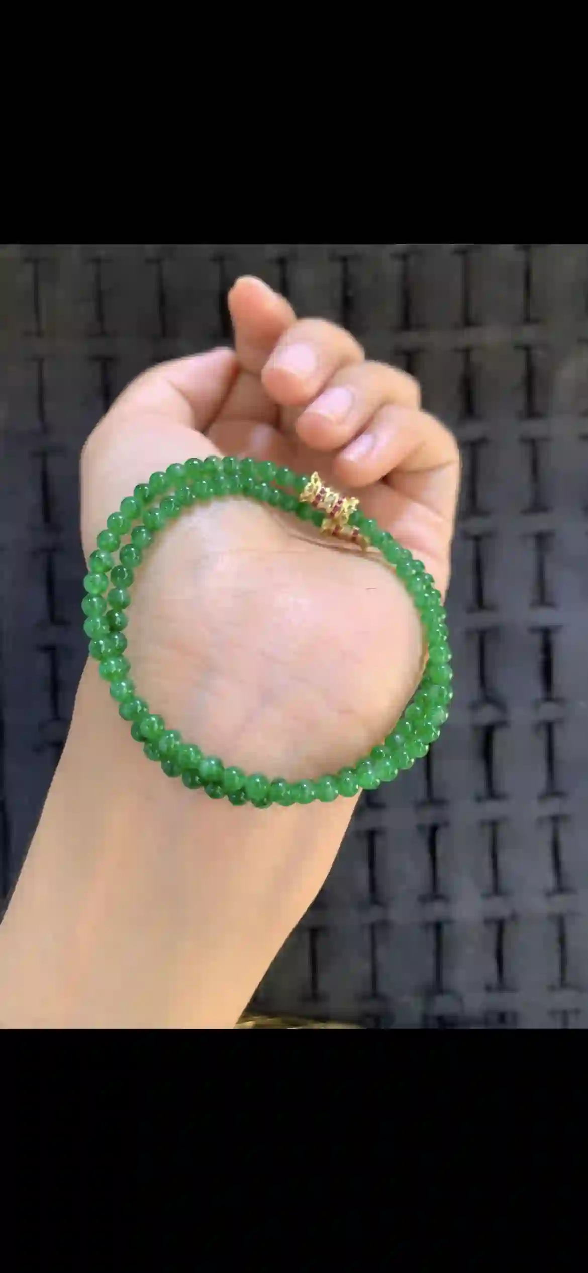 Triple-Strand Vivid Emerald Green Jade Bead Bracelet with Gold Clasps, view 2 | Myanmar Jadeite reference #18720001