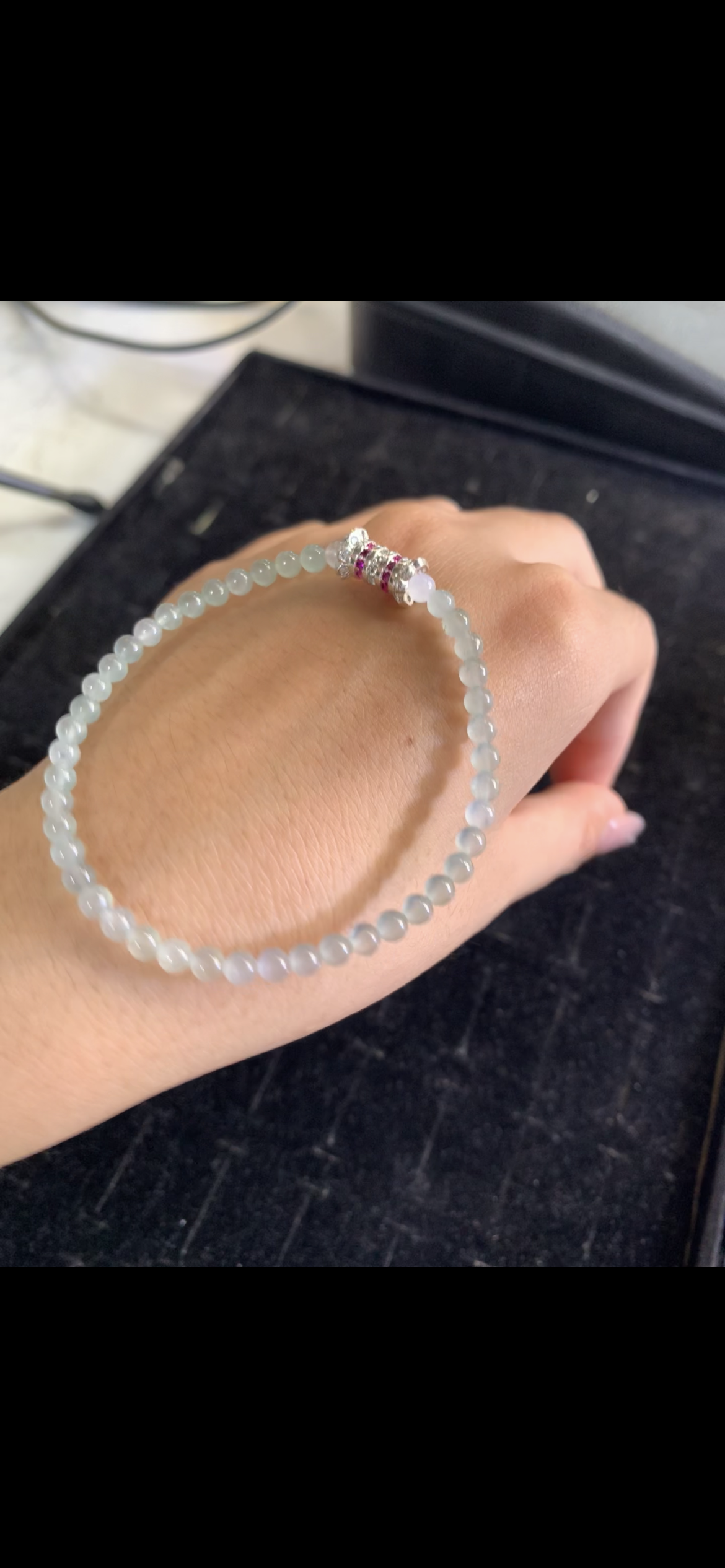 Delicate Icy Pale Jadeite Mini‑Bead Bracelet with Sparkling Accent