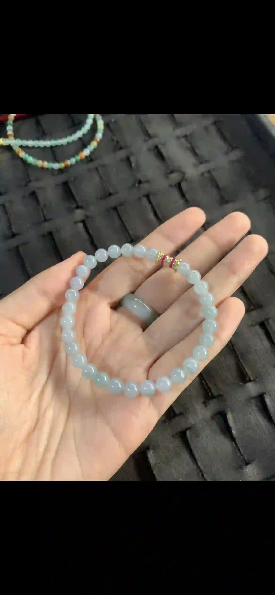 Natural Pale Icy Jadeite Bead Bracelet with Pink & Gold Accent, view 2 | Myanmar Jadeite reference #26430001