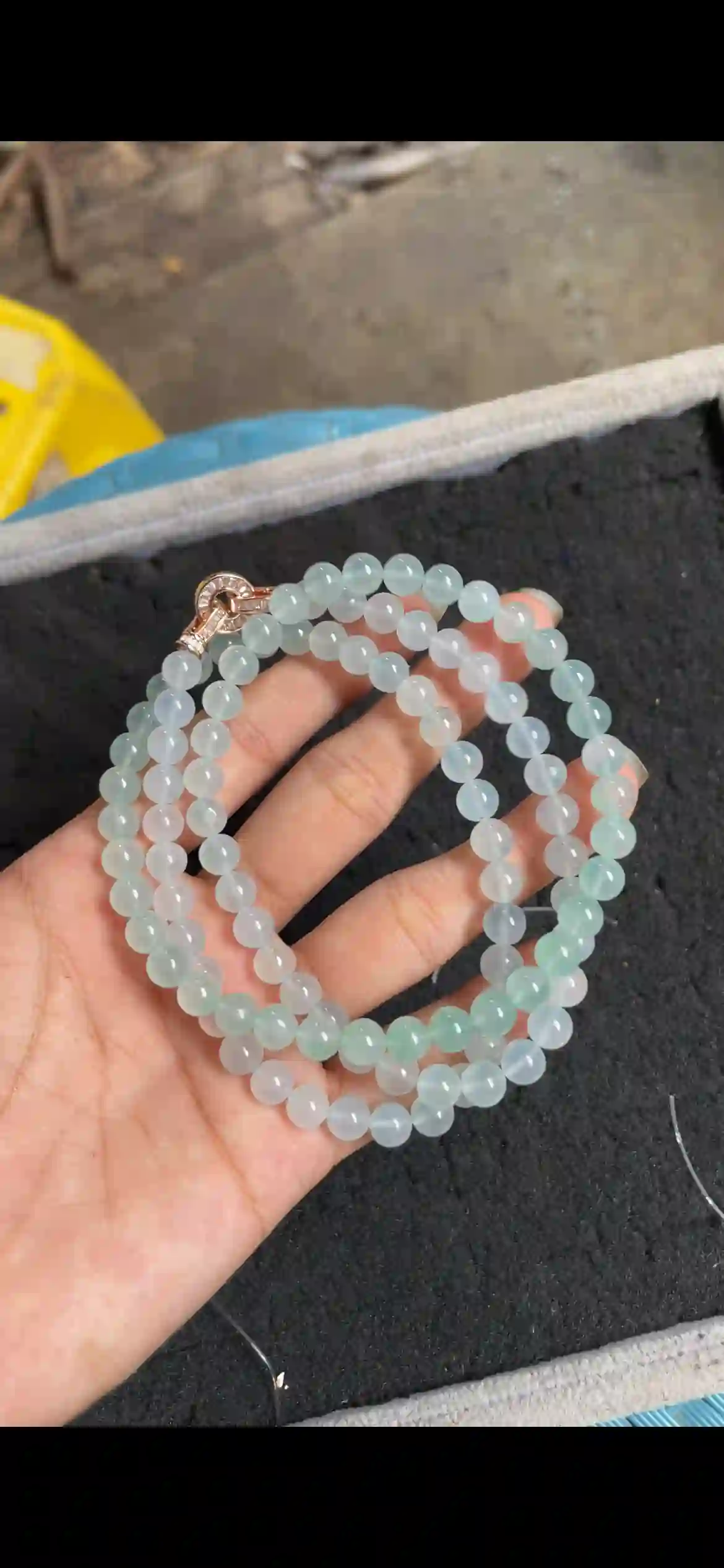   Icy Pale Blue-Green Jade Bead Multi-Layer Necklace with Rose Gold Clasp | Myanmar Jadeite reference #6120001
