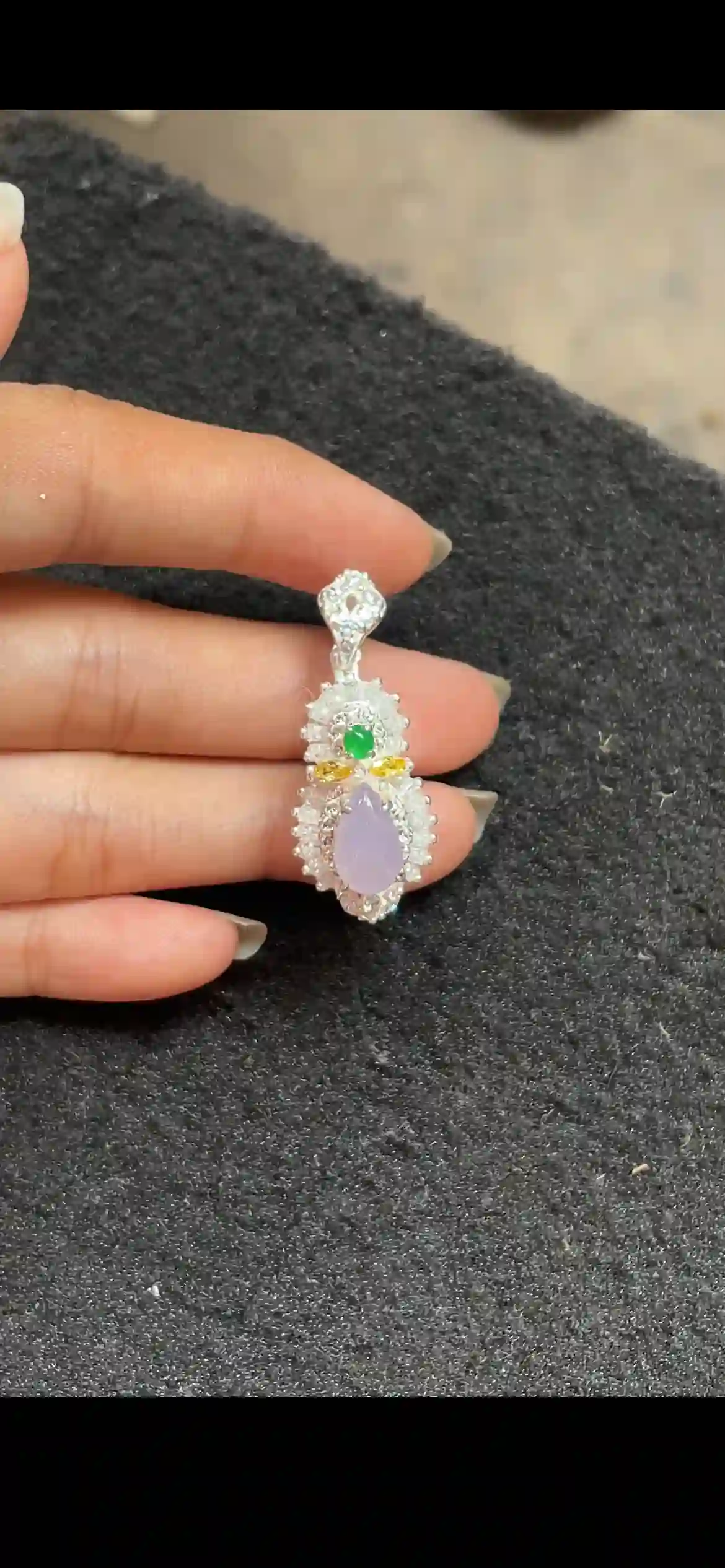   Lavender Jadeite Teardrop Pendant with Multicolor Accents and Diamond Halo | Myanmar Jadeite reference #4230001