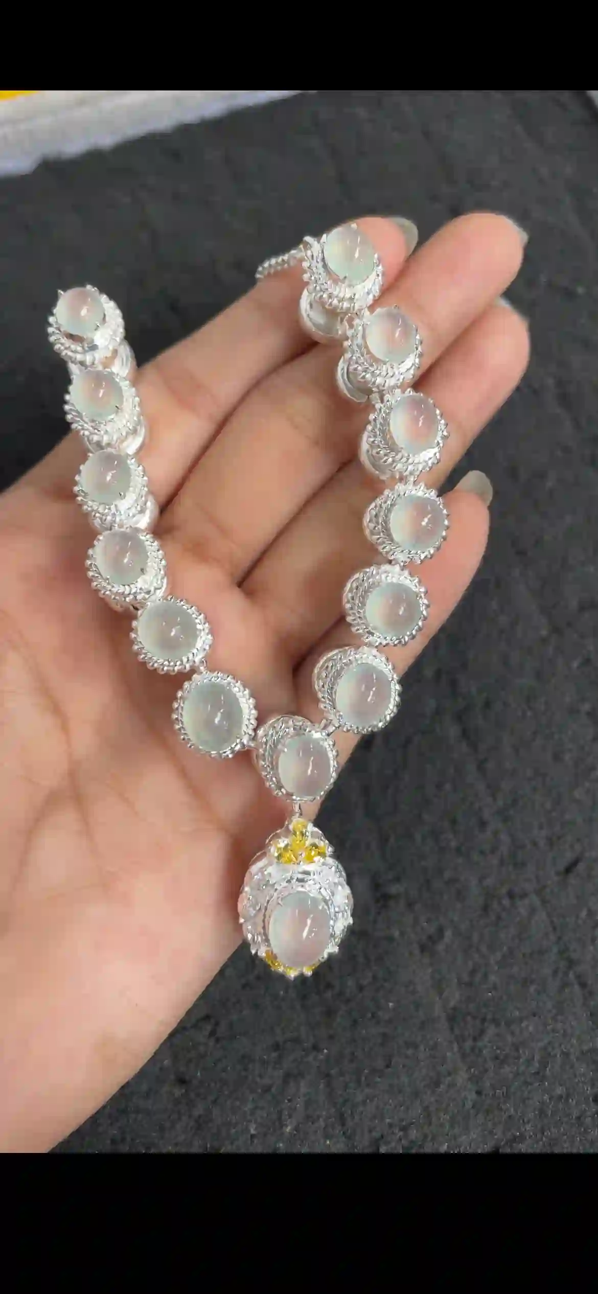Icy Translucent Jadeite Cabochon Silver Plated Necklace Set | Myanmar Jadeite reference #12000001