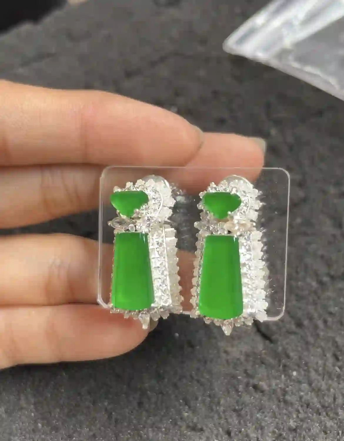   Natural Vivid Green Jade Drop Earrings with Diamond Accents, view 2 | Myanmar Jadeite reference #2490010