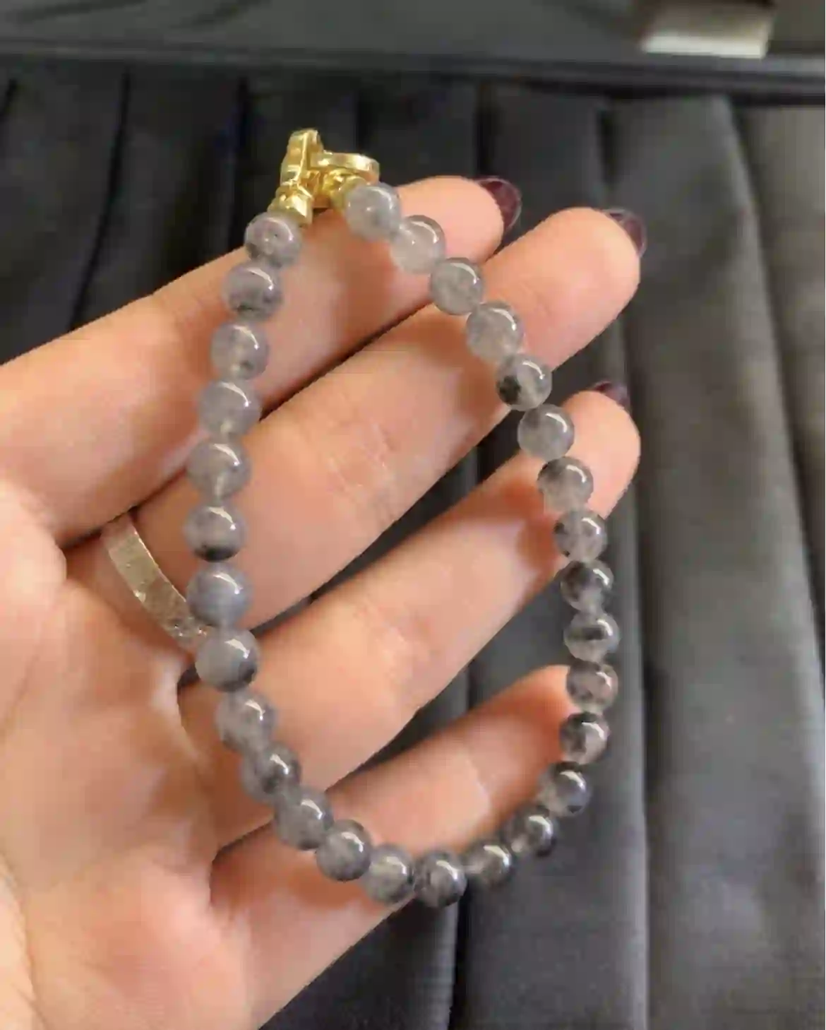 Natural Black & White Icy Jadeite Beaded Bracelet with Gold Plated Clasp | Myanmar Jadeite reference #3360001