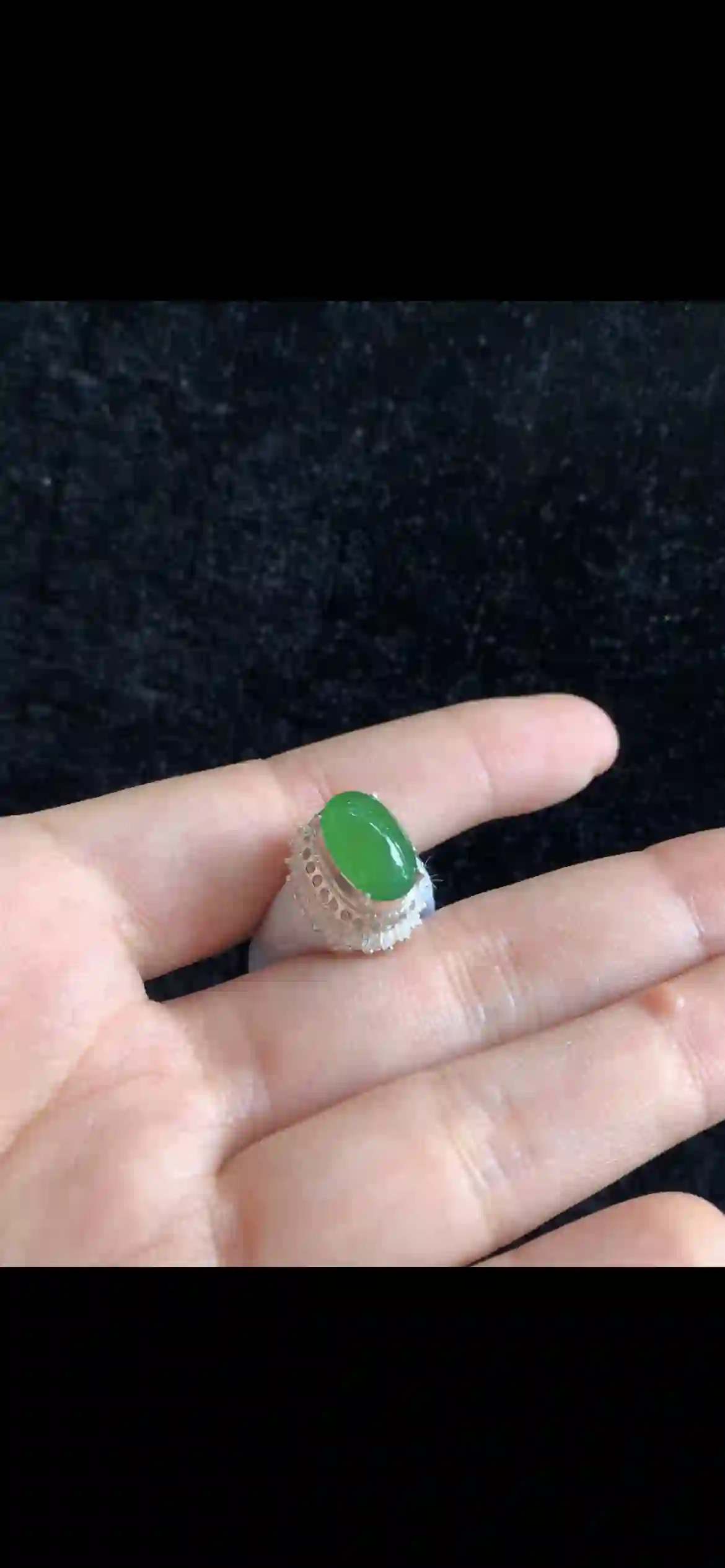 Vivid Imperial Green Jade Oval Cabochon Ring — Diamond Halo Silver Setting | Myanmar Jadeite reference #33660001