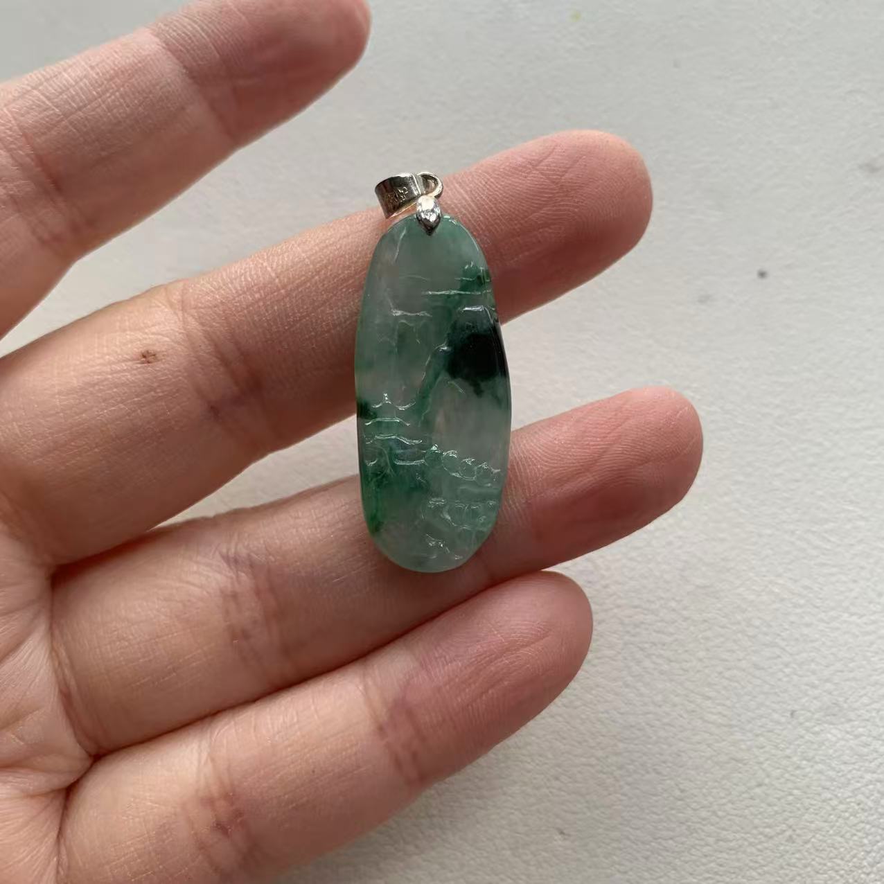 Icy Jade Pendant with Landscape Carving in Silver Setting - Burmese Jadeite Type A from Hpakant, Myanmar | Myanmar Jadeite