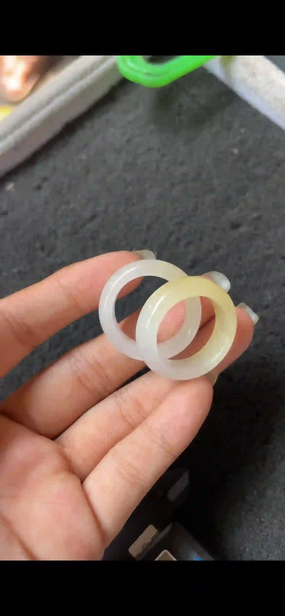  Pair of Natural Icy White & Honey Yellow Jadeite Band Rings, view 2 | Myanmar Jadeite reference #6870001