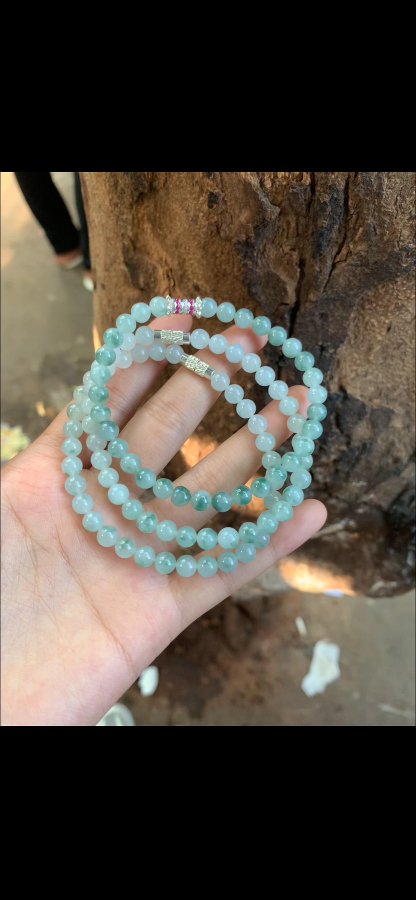 Natural Ice Variety Light Mint Green & Floating Green Jadeite Small Bead Bracelet Trio with Silver & Ruby-Red Accents | Myanmar Jadeite reference #38490001