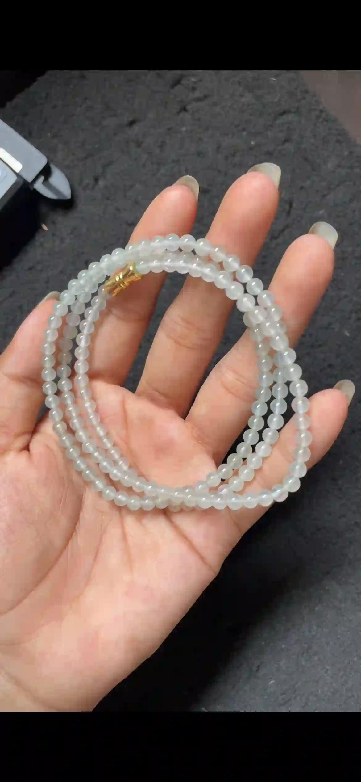 Icy Pale Green Translucent Jadeite Beaded Multi-Strand Bracelet with Gold Clasp | Myanmar Jadeite reference #4620004