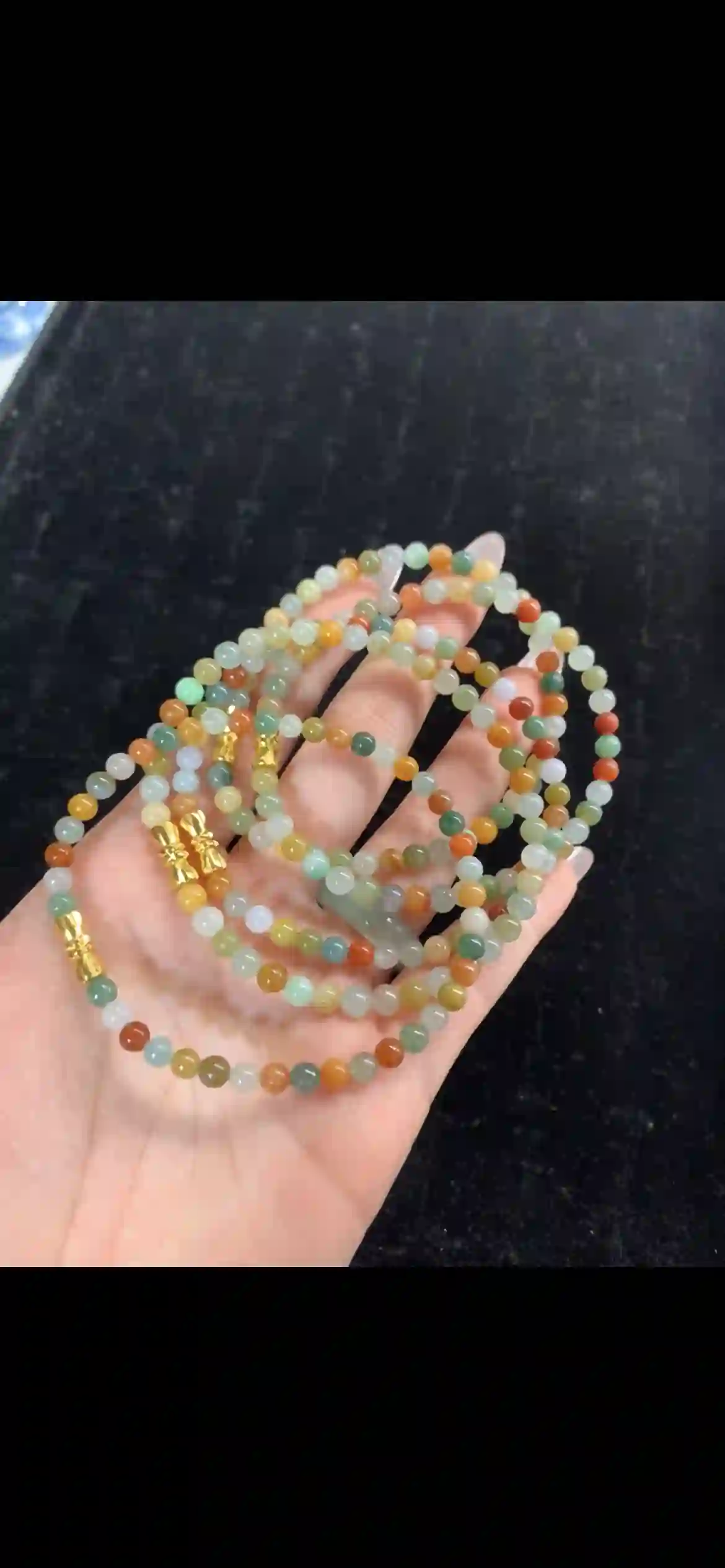 4-Strand Rainbow Multicolor Jadeite Beaded Bracelet Set — Mixed Green, Yellow, Orange, Red & White Jade with Gold Accents | Myanmar Jadeite reference #29970001