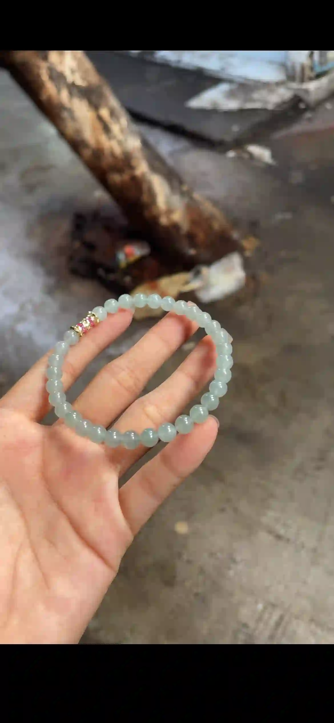 Icy Pale Aquamarine Jade Beaded Bracelet with Pink & Gold Accent | Myanmar Jadeite reference #31050001