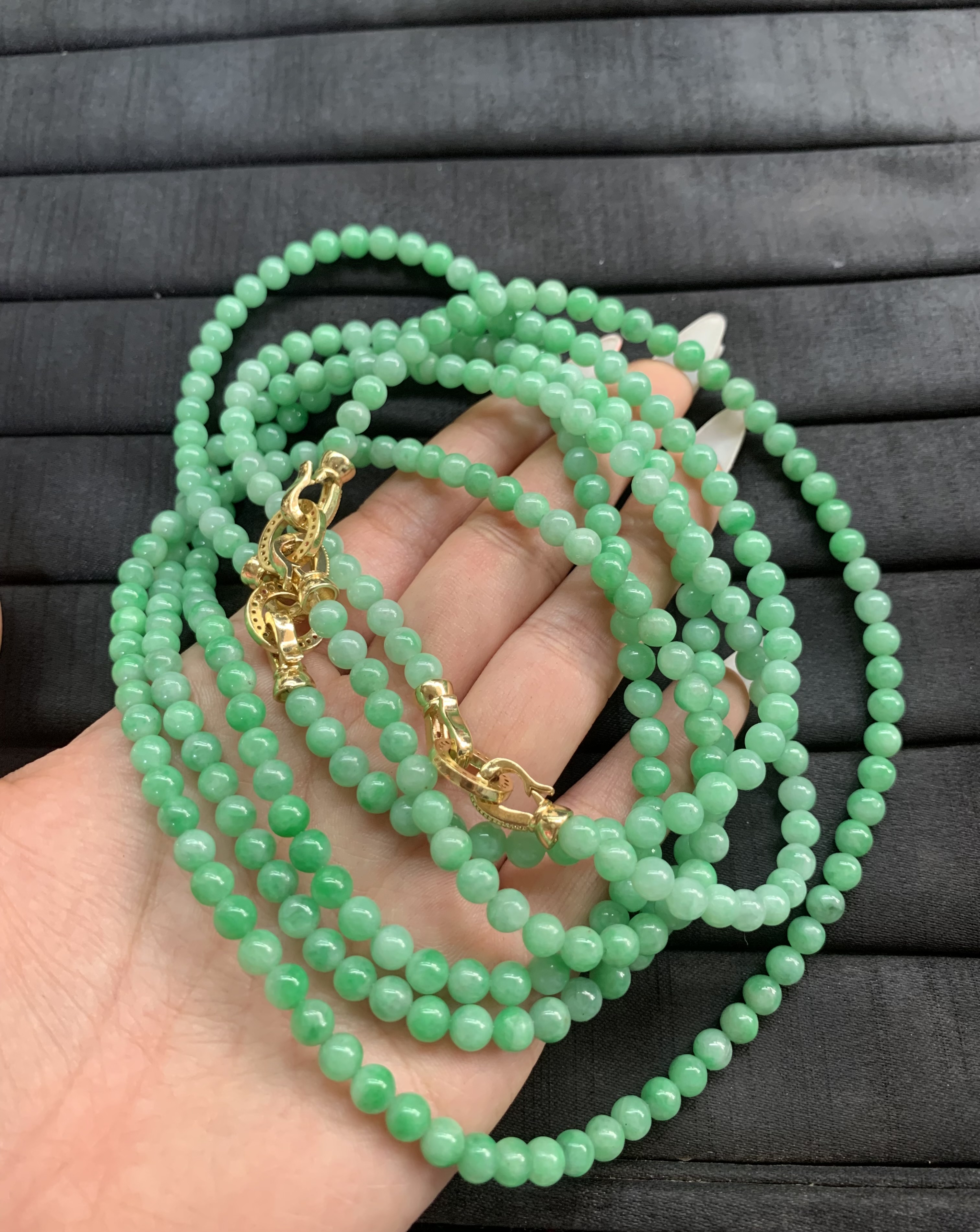 Vibrant Green Jade Bead Necklaces with Gold-Toned Clasps - Burmese Jadeite from Myanmar
