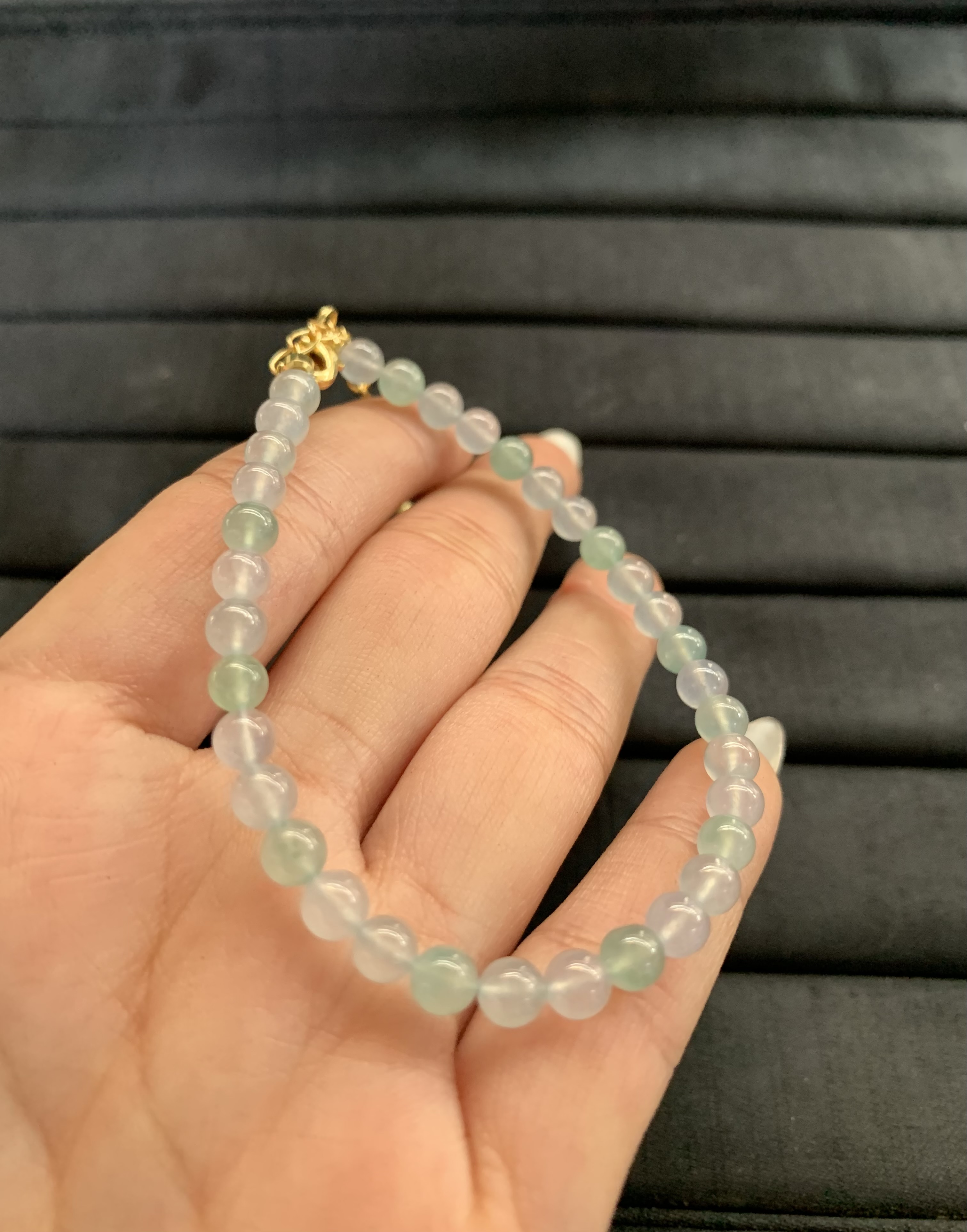  Translucent Green & White Beaded Bracelet with Gold Clasp - Burmese Jadeite from Myanmar