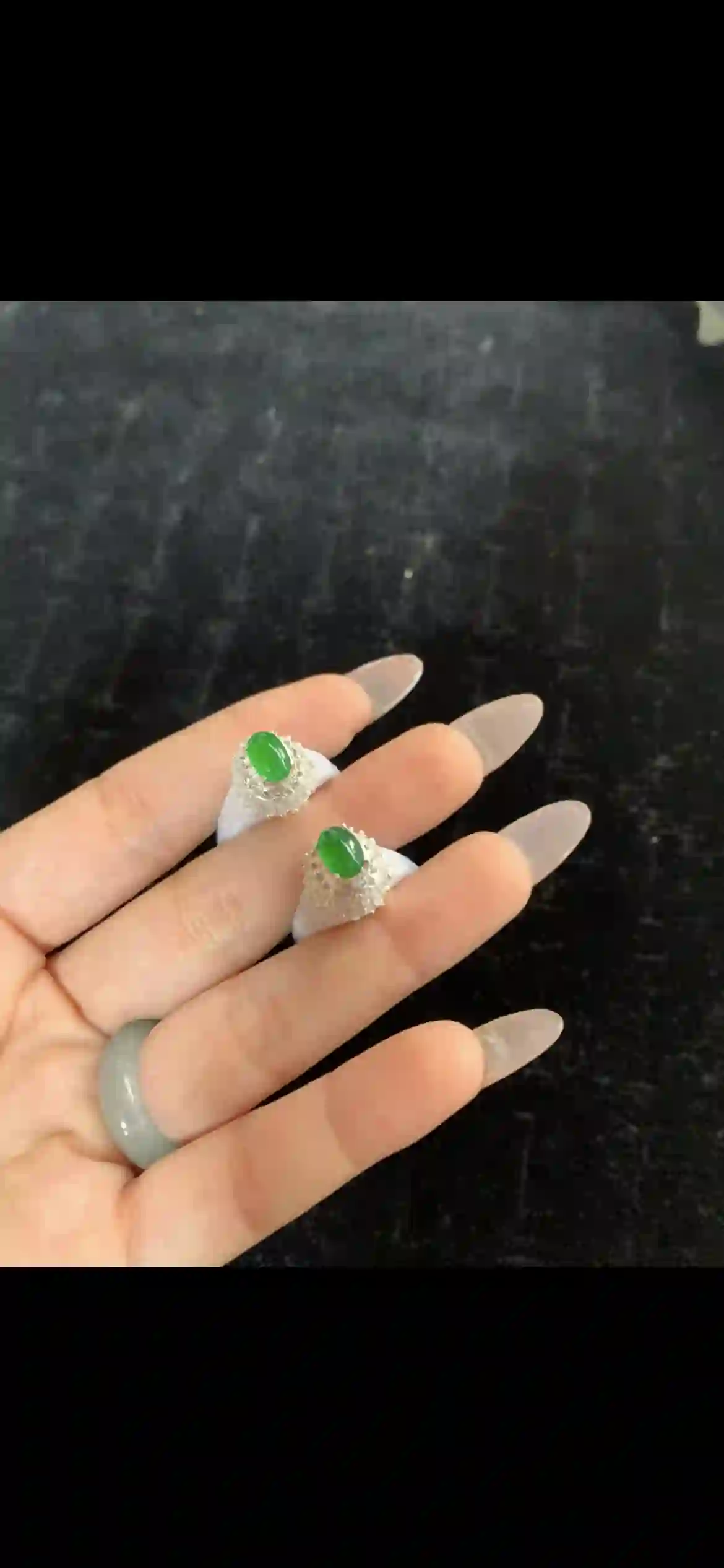 Pair of Imperial Green Cabochon Jadeite Studs — Diamond Halo 18K White Gold Earrings | Myanmar Jadeite reference #30240001