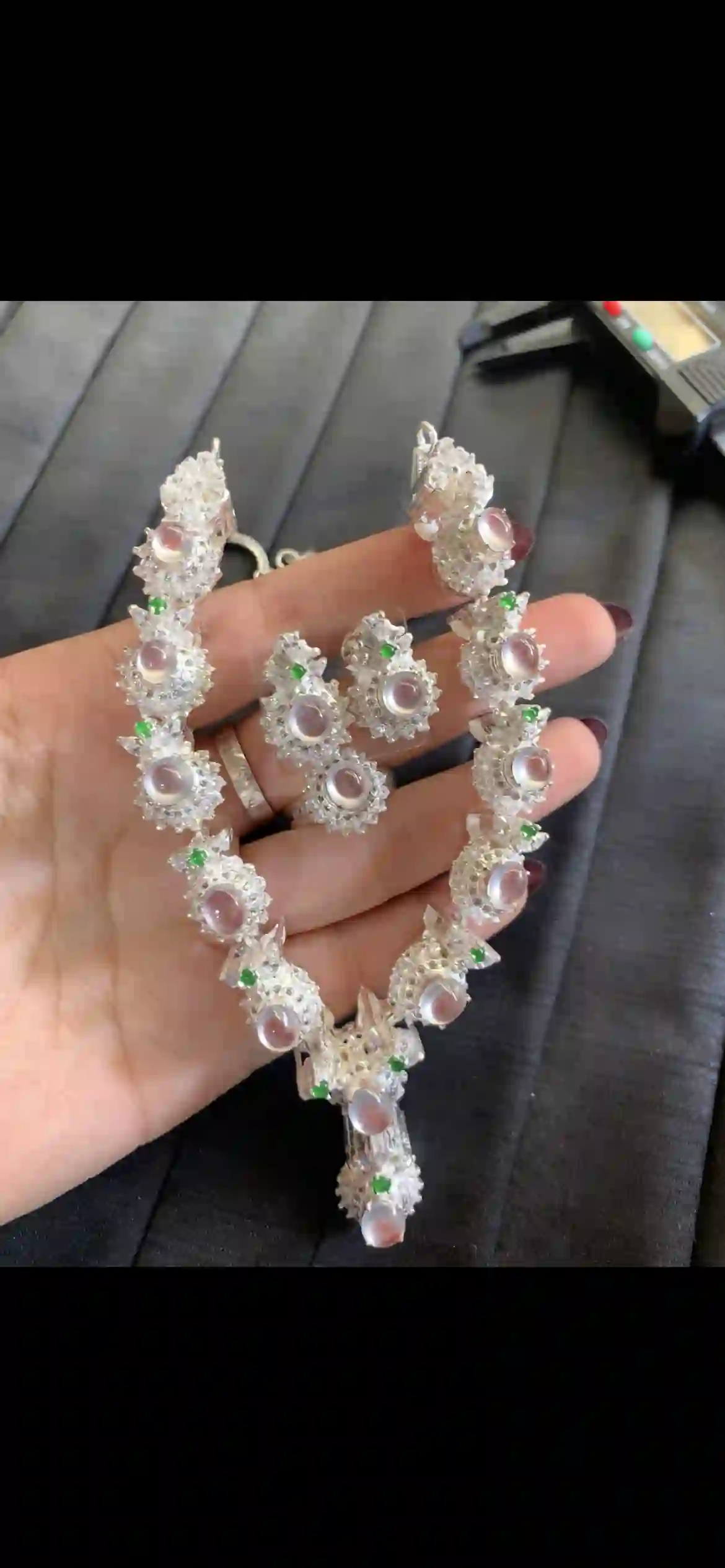 Icy White Jadeite Multi-Stone Necklace with Green Accents and Diamond Halo Setting, view 2 | Myanmar Jadeite reference #4260001