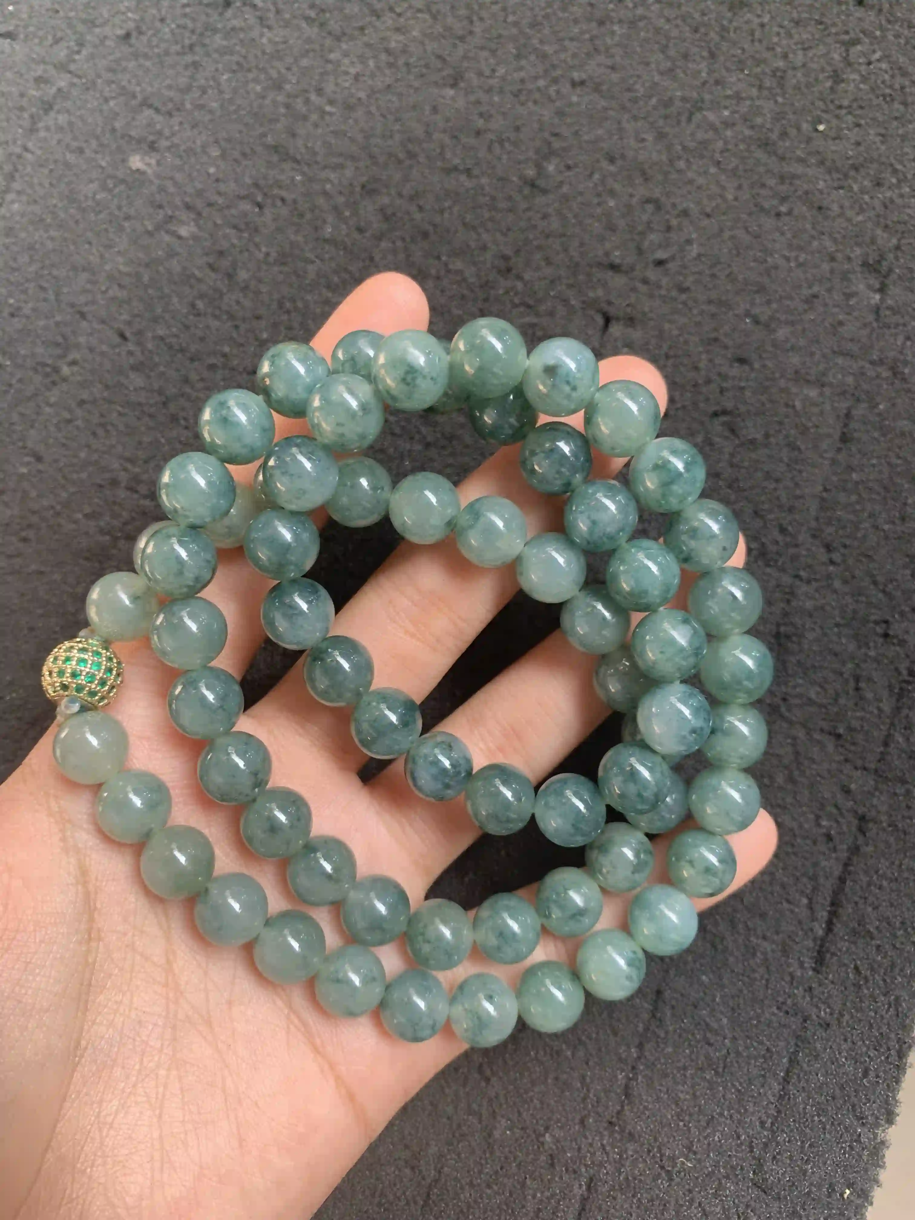  Dark Green Moss-in-Snow Jadeite Beaded Bracelet, view 2 | Myanmar Jadeite reference #900003