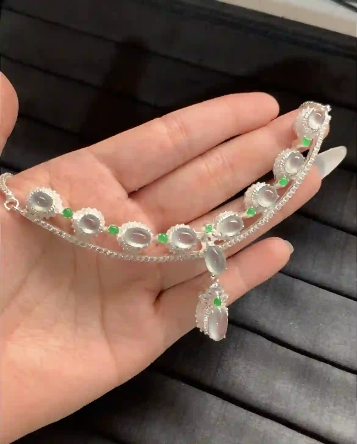 Icy Jade Necklace with Green Accents, view 2 | Myanmar Jadeite reference #2160002