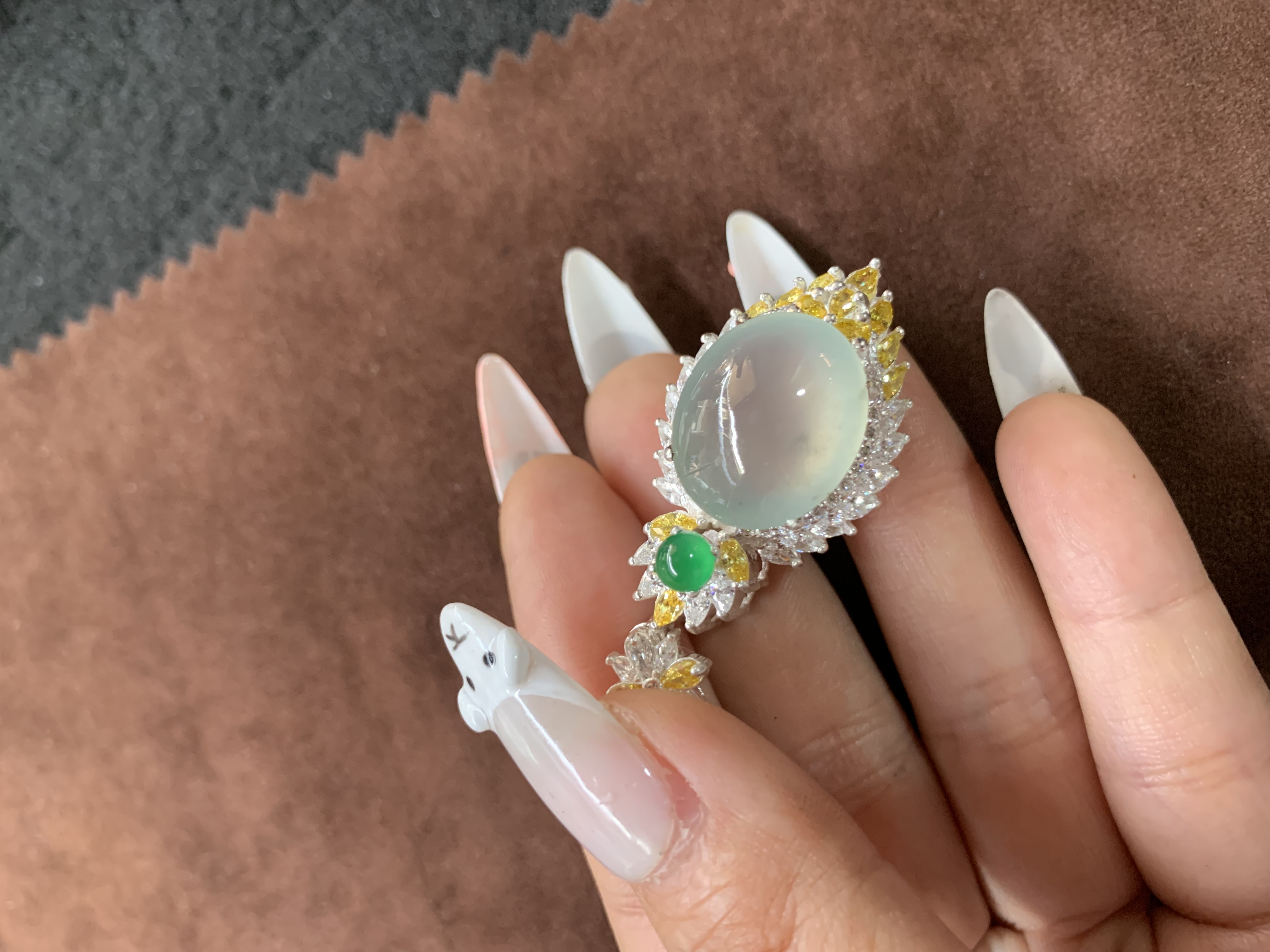 Translucent Jadeite Cocktail Ring with Green & Yellow Accents