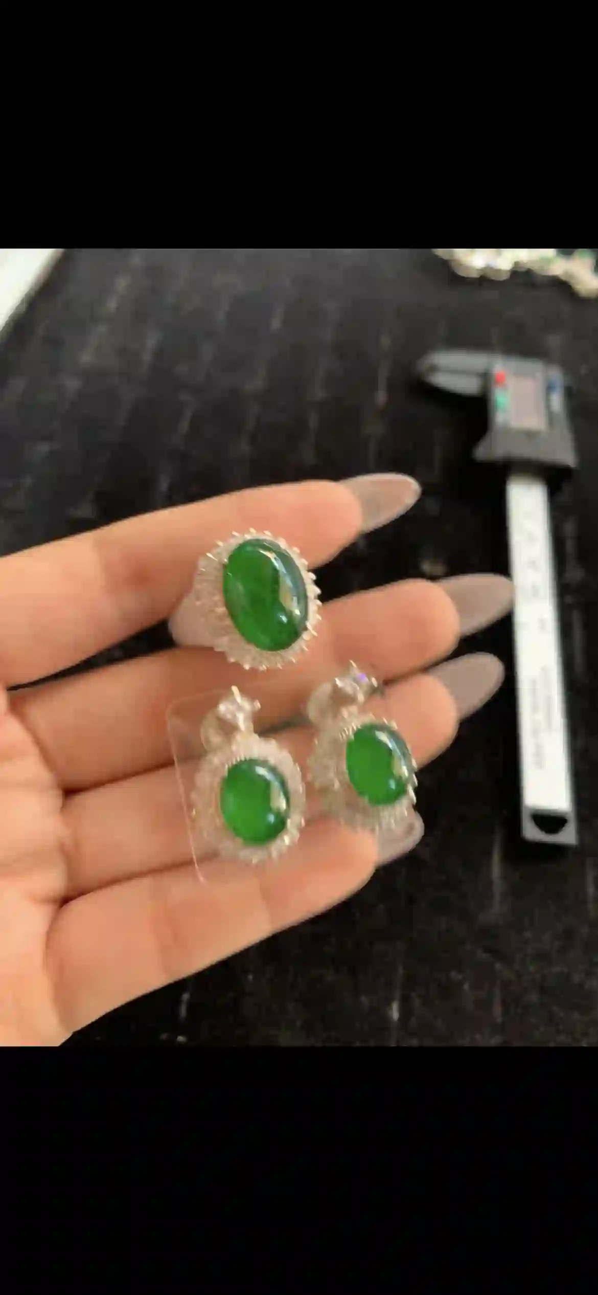 Imperial Green Jade Cabochon Jewelry Set — Ring & Earrings with Diamond Halo in Sterling Silver | Myanmar Jadeite reference #28830001