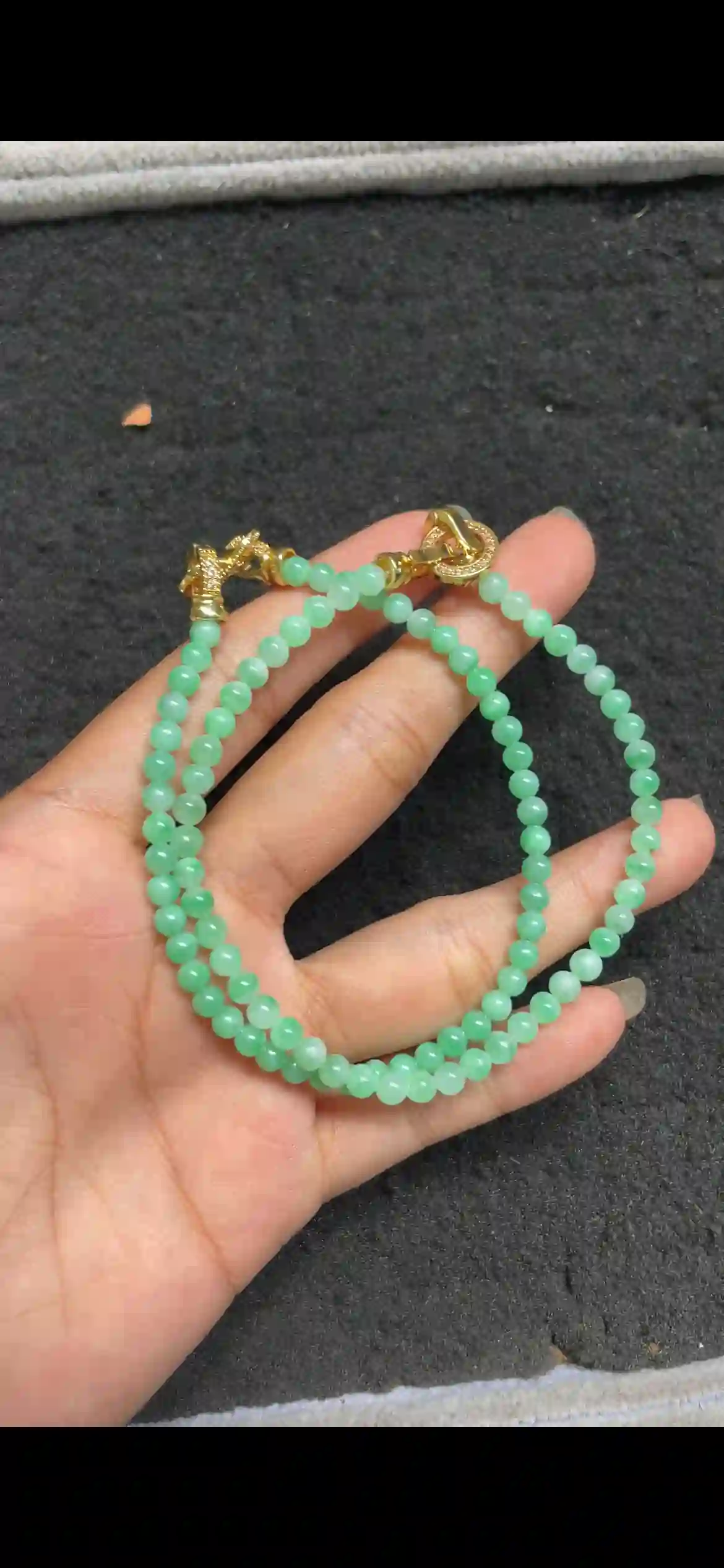 Icy Fresh Green Jade Bead Double-Layer Bracelet with Gold Clasps, view 2 | Myanmar Jadeite reference #6600001